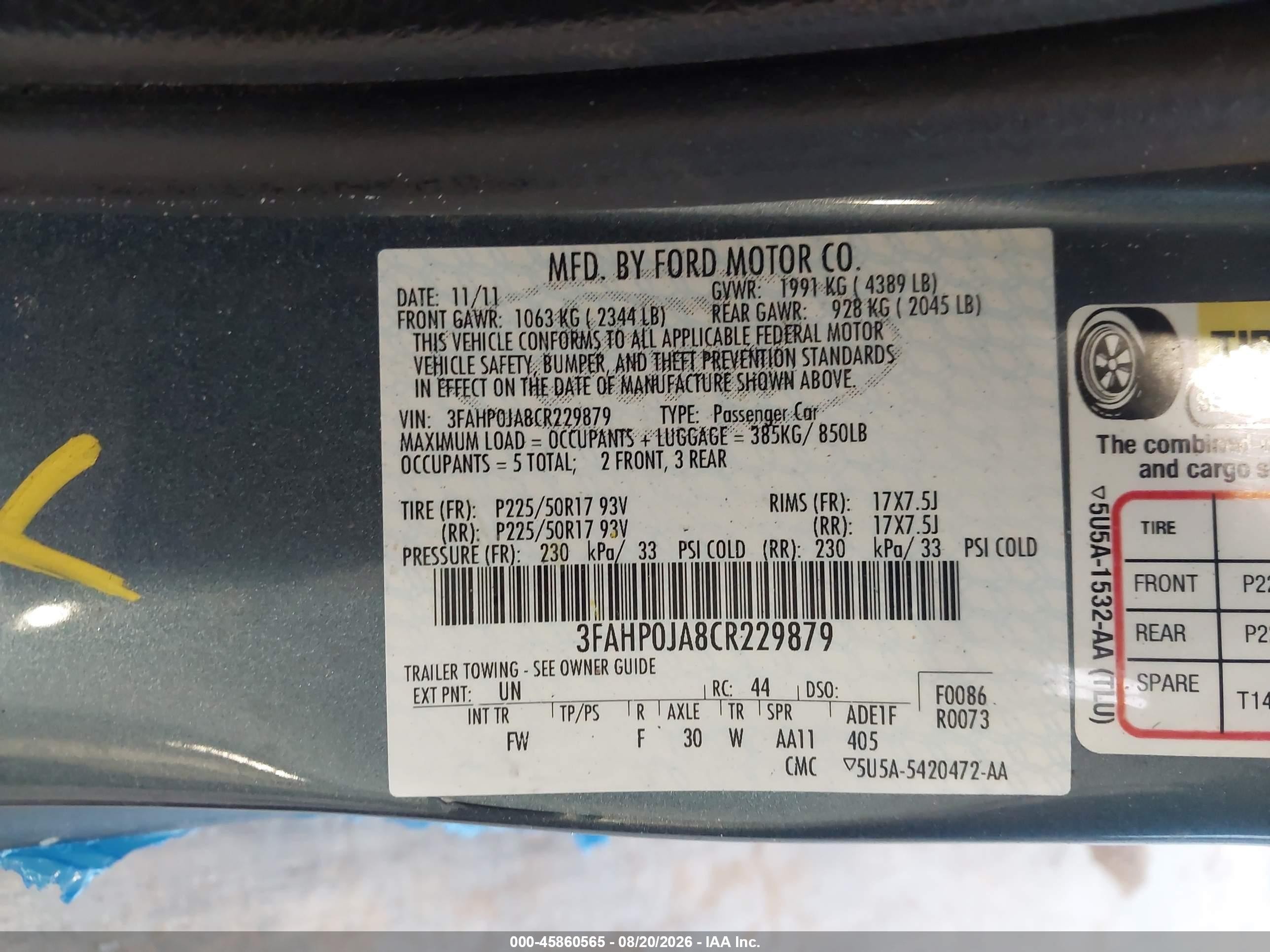 2012 Ford Fusion Sel Blue vin: 3FAHP0JA8CR229879