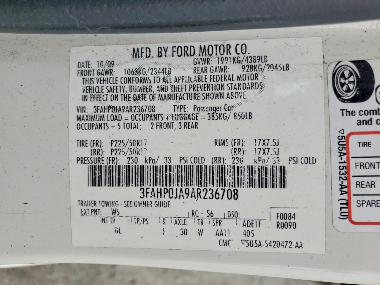 2010 Ford Fusion Sel White vin: 3FAHP0JA9AR236708