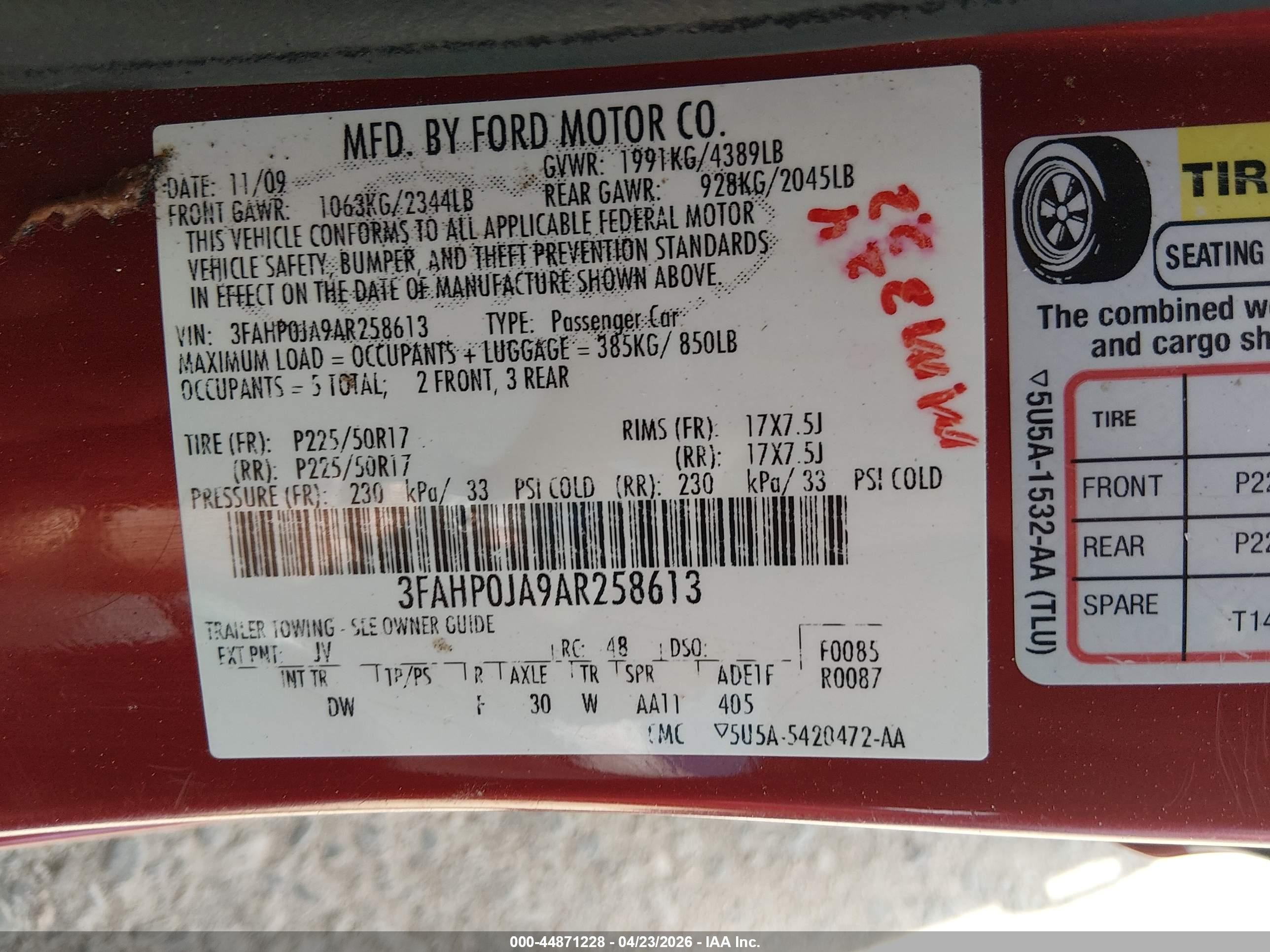 2010 Ford Fusion Sel Red vin: 3FAHP0JA9AR258613