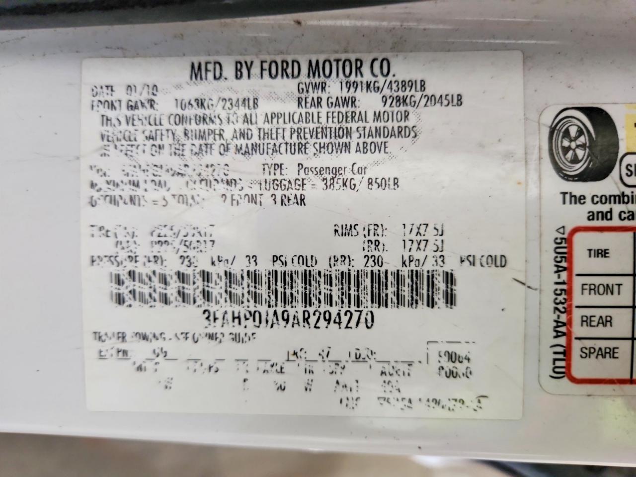 2010 Ford Fusion Sel White vin: 3FAHP0JA9AR294270