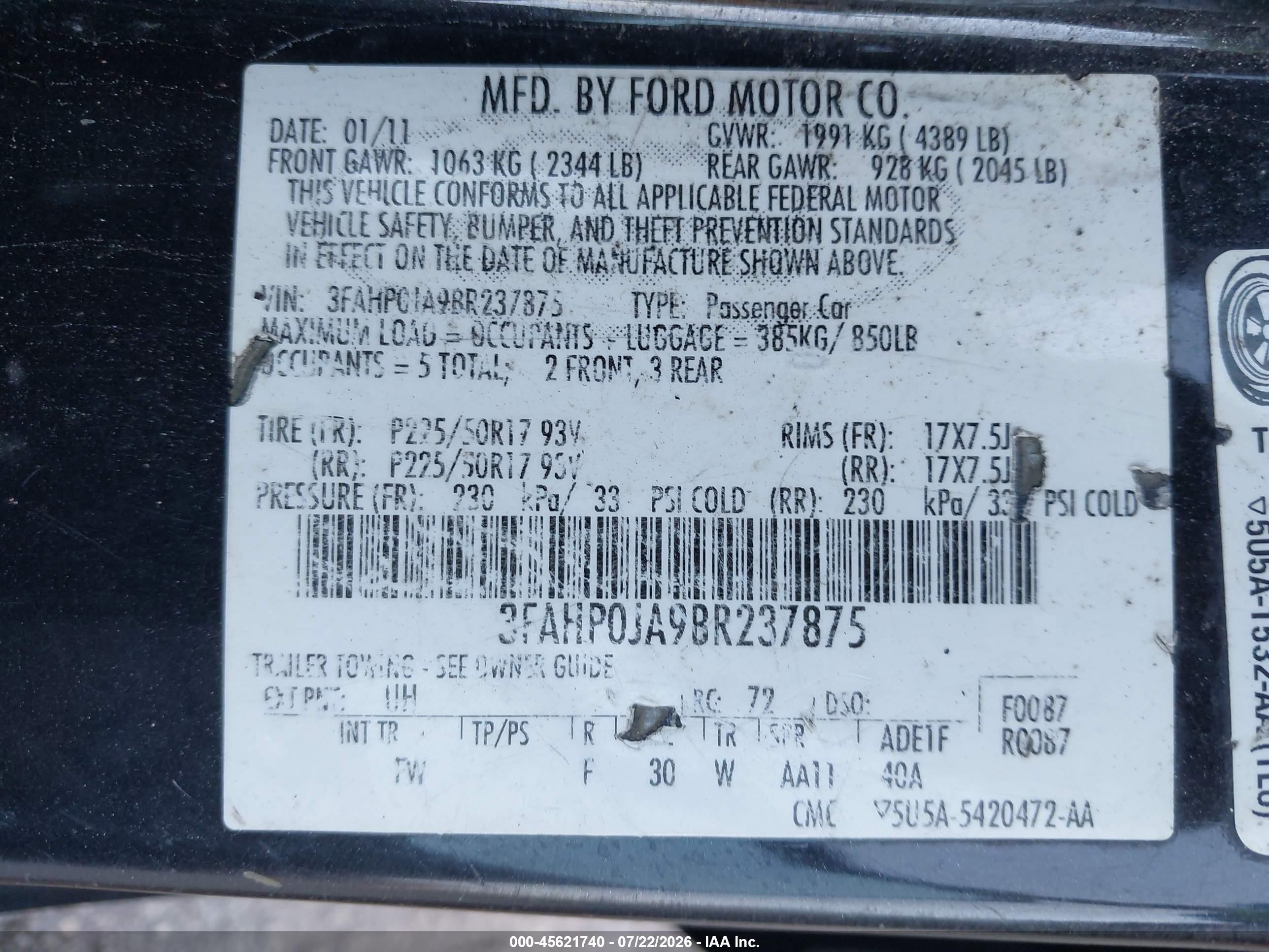 2011 Ford Fusion Sel Black vin: 3FAHP0JA9BR237875