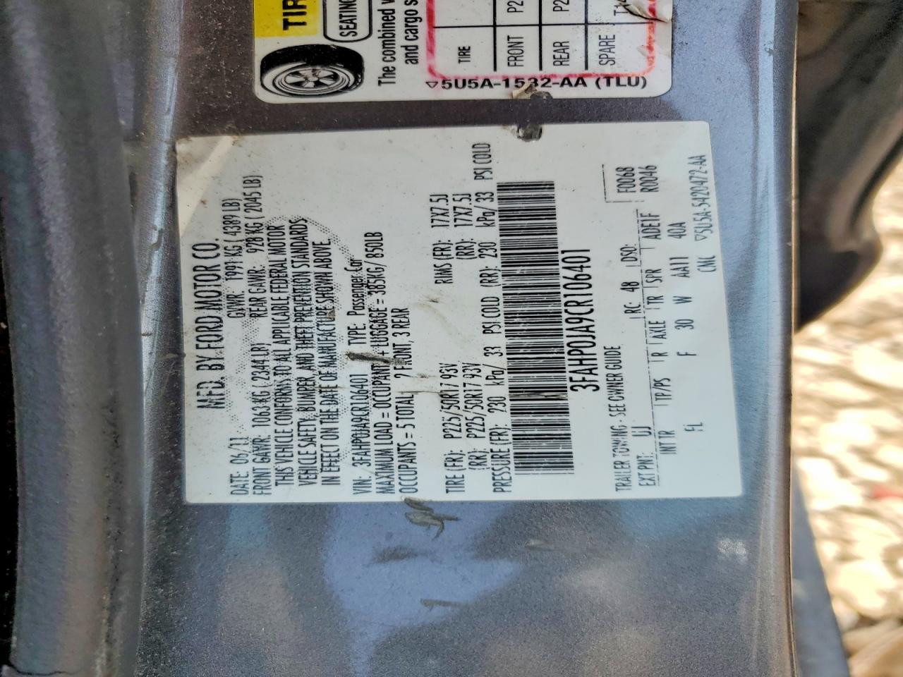 2012 Ford Fusion Sel Charcoal vin: 3FAHP0JA9CR106401