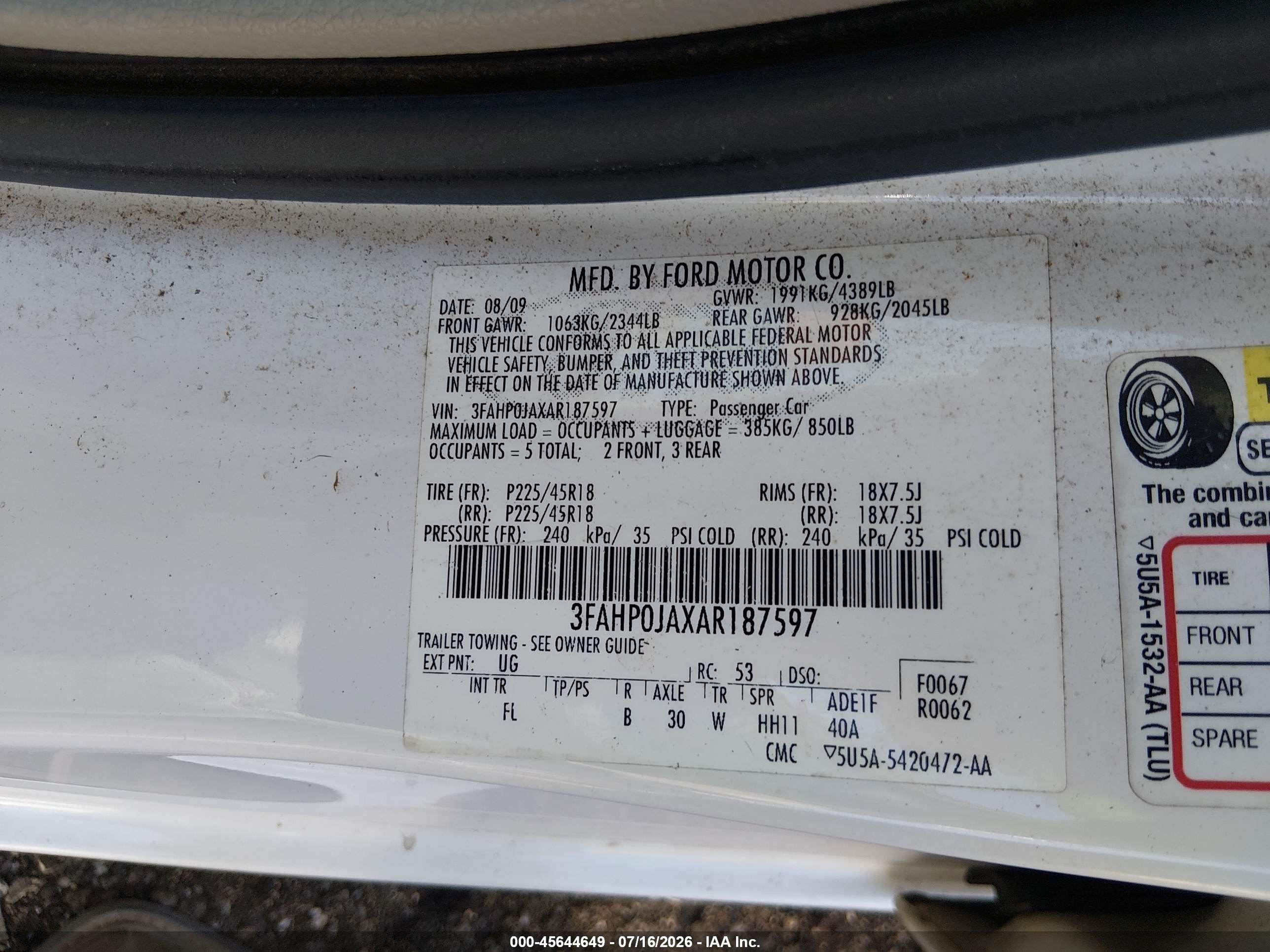 2010 Ford Fusion Sel White vin: 3FAHP0JAXAR187597