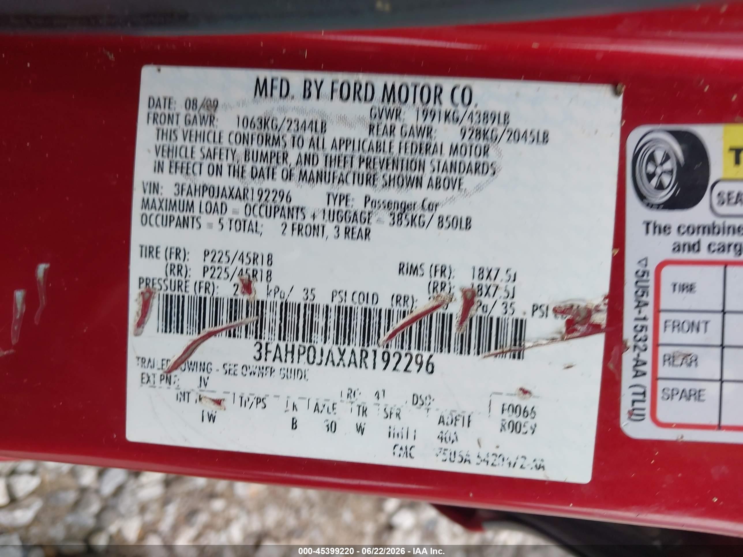 2010 Ford Fusion Sel Red vin: 3FAHP0JAXAR192296