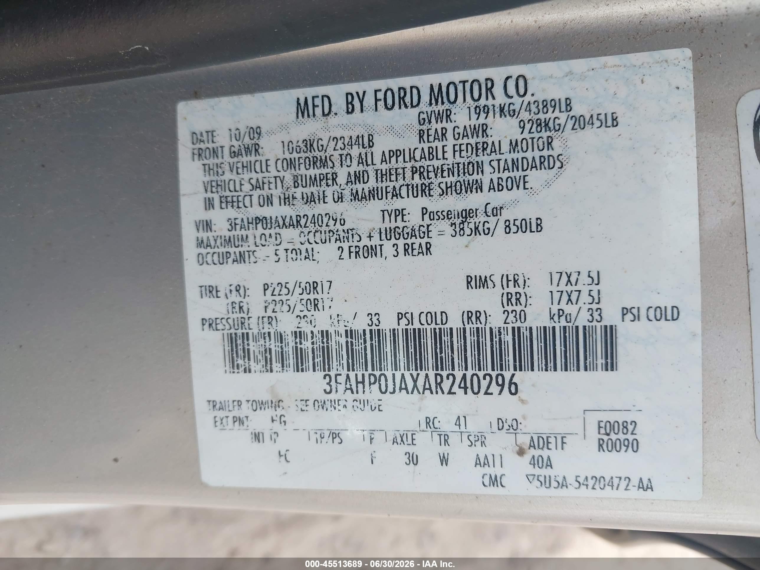 2010 Ford Fusion Sel Tan vin: 3FAHP0JAXAR240296