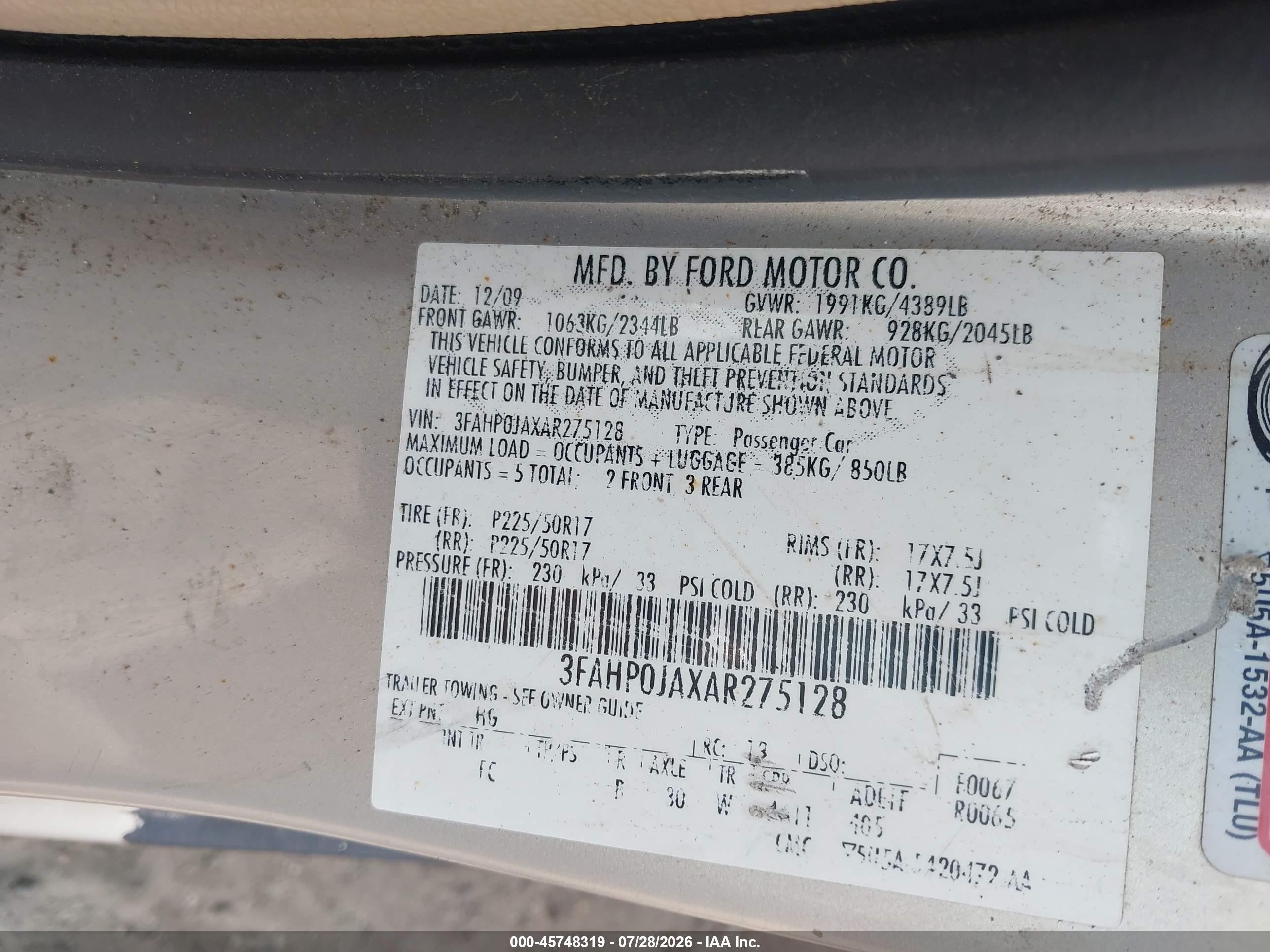 2010 Ford Fusion Sel Beige vin: 3FAHP0JAXAR275128
