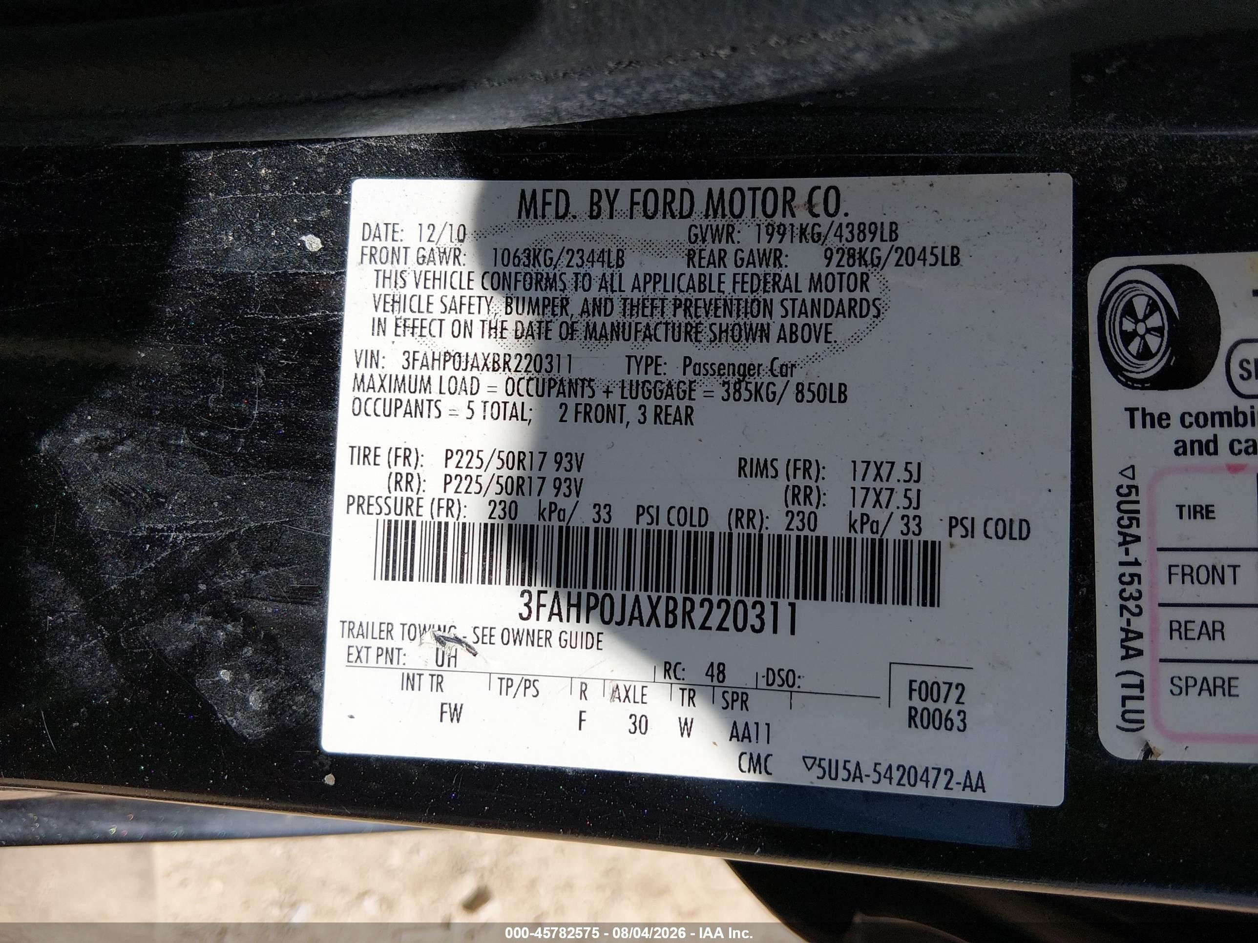 2011 Ford Fusion Sel Black vin: 3FAHP0JAXBR220311