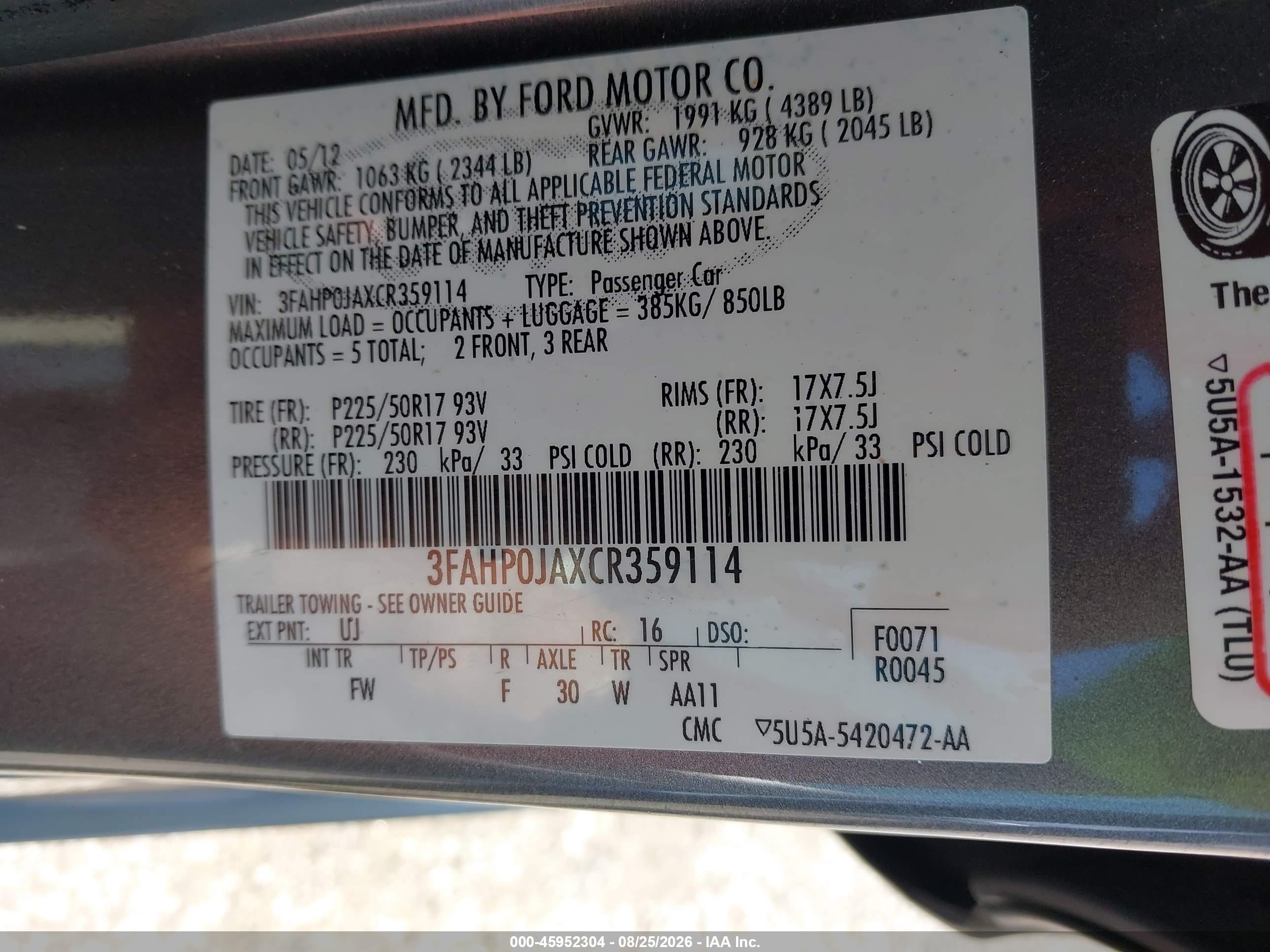 2012 Ford Fusion Sel Gray vin: 3FAHP0JAXCR359114