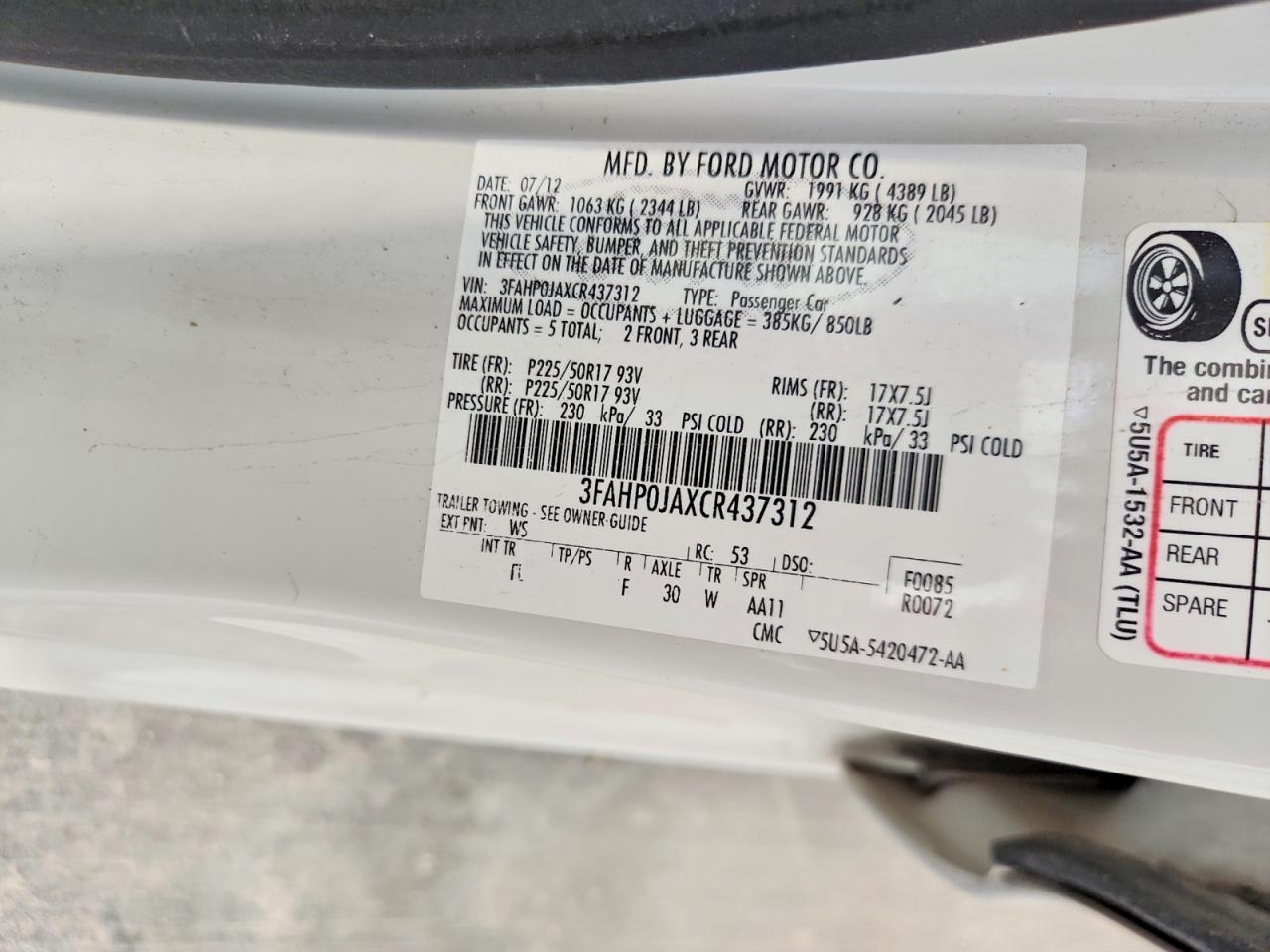 2012 Ford Fusion Sel White vin: 3FAHP0JAXCR437312