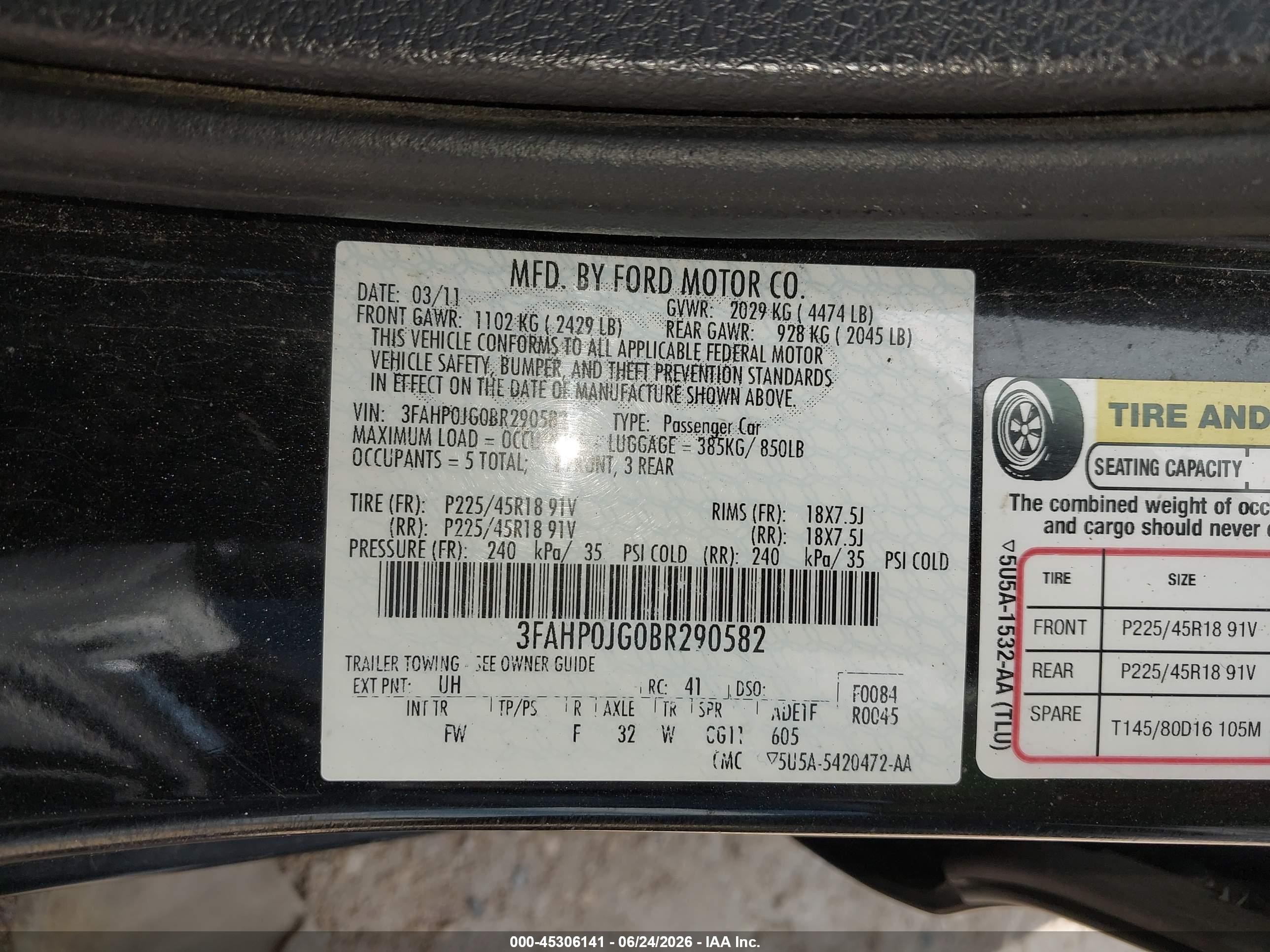 2011 Ford Fusion Sel Black vin: 3FAHP0JG0BR290582