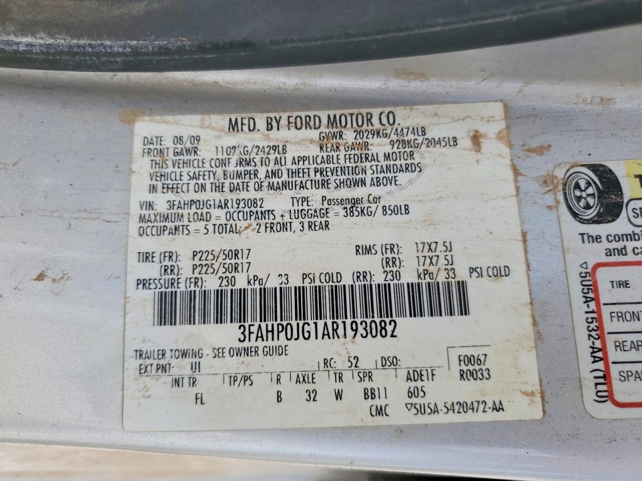 2010 Ford Fusion Sel Silver vin: 3FAHP0JG1AR193082