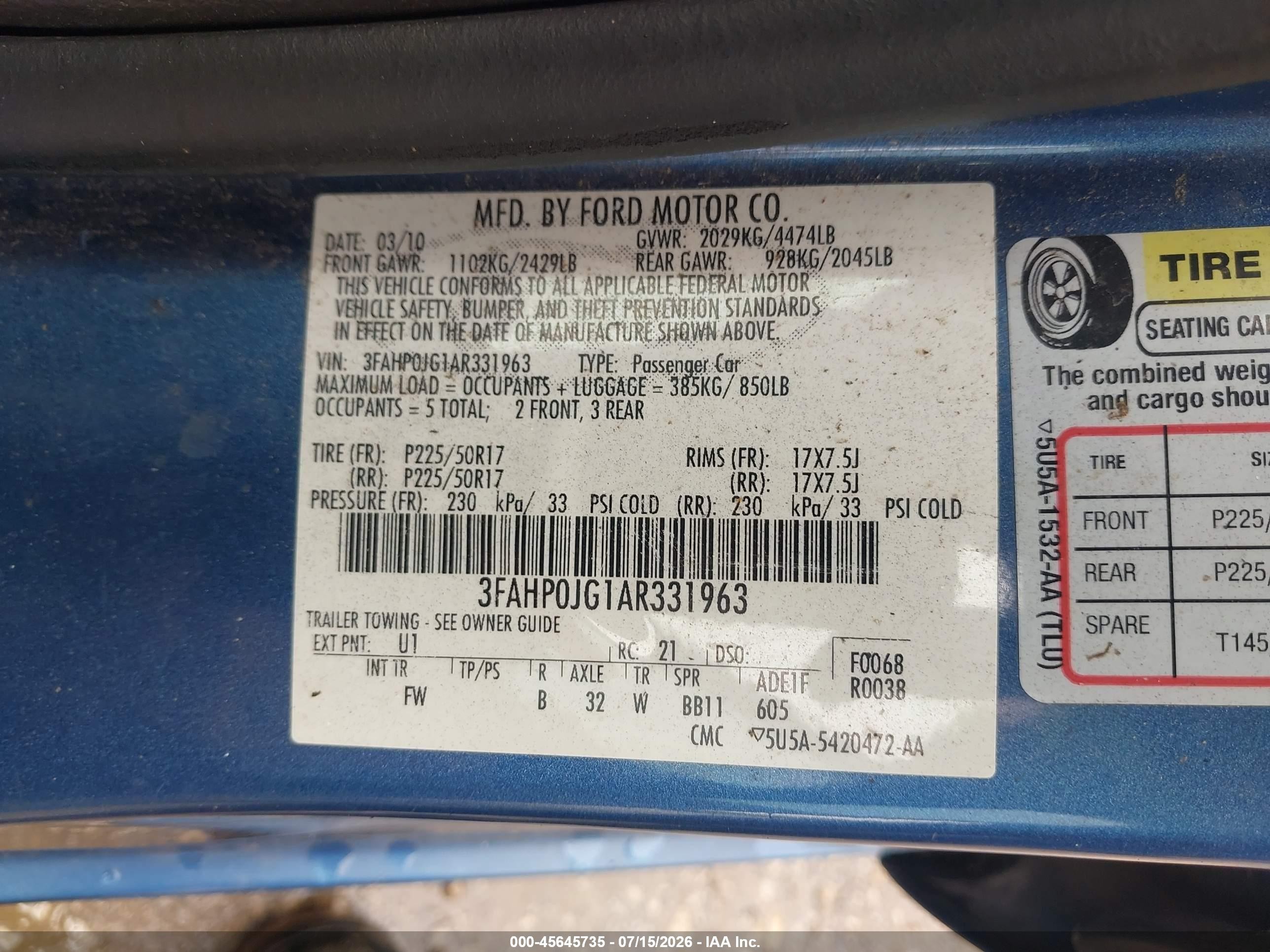2010 Ford Fusion Sel Blue vin: 3FAHP0JG1AR331963