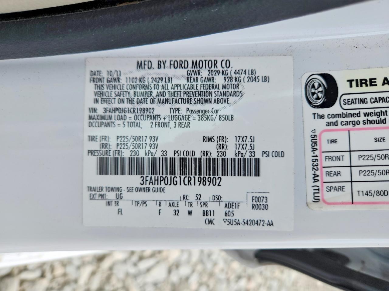2012 Ford Fusion Sel White vin: 3FAHP0JG1CR198902