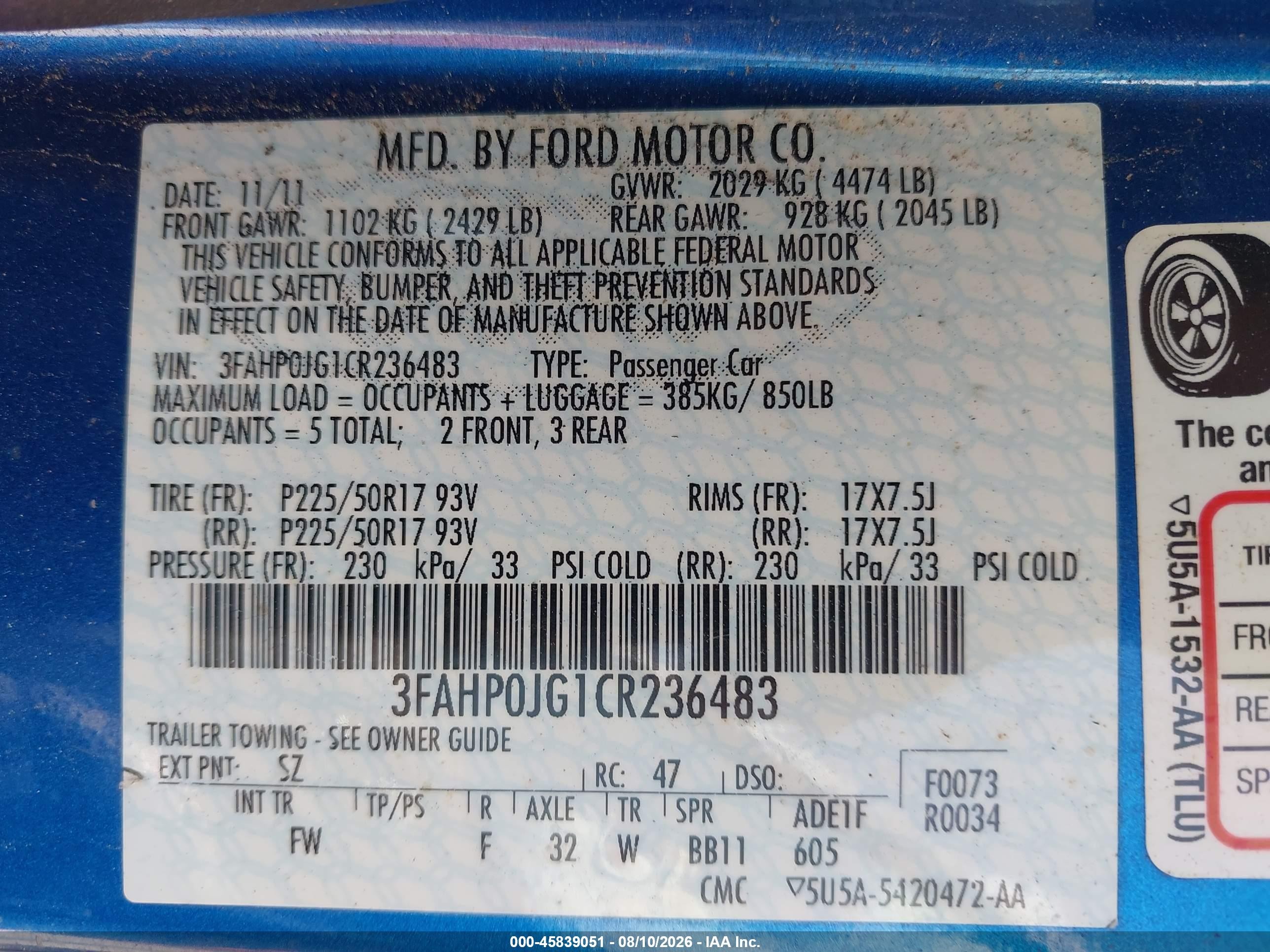 2012 Ford Fusion Sel Blue vin: 3FAHP0JG1CR236483