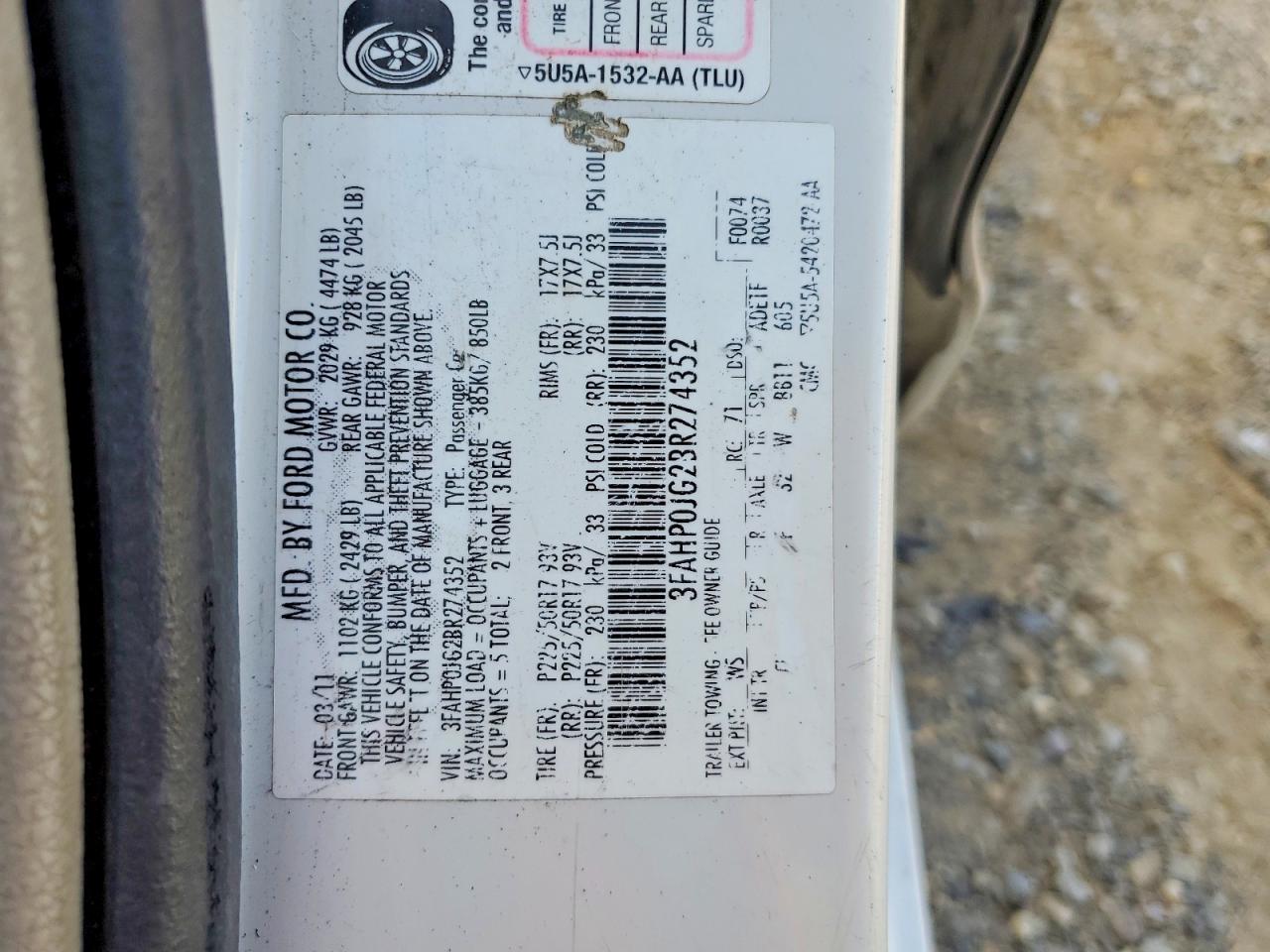 2011 Ford Fusion Sel White vin: 3FAHP0JG2BR274352