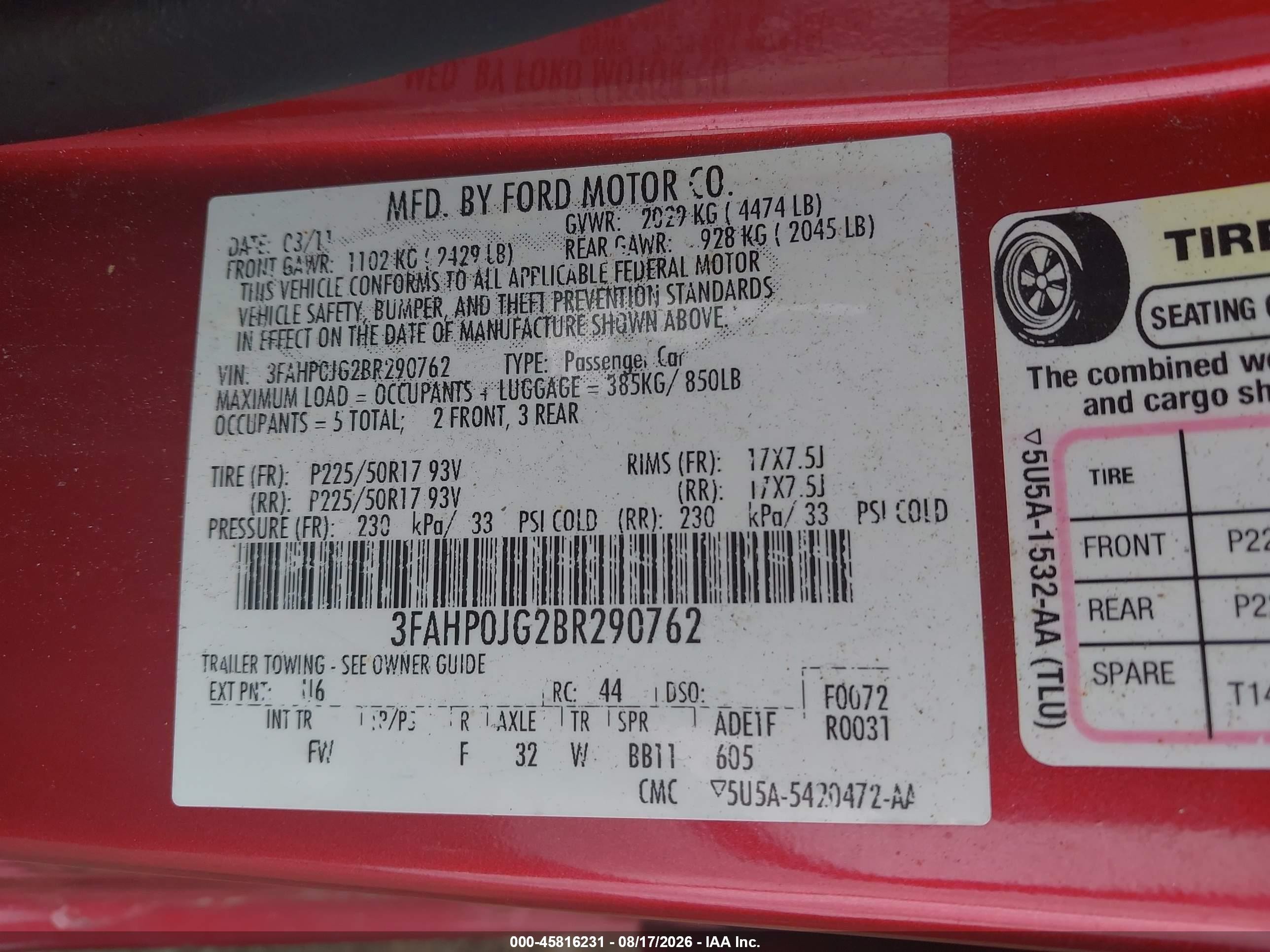 2011 Ford Fusion Sel Red vin: 3FAHP0JG2BR290762