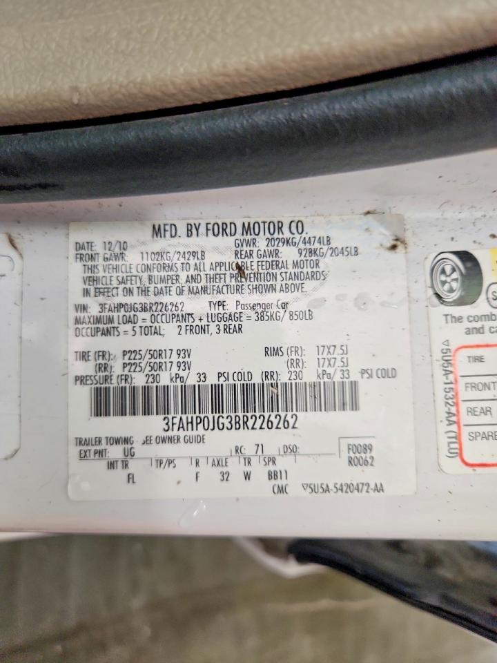 2011 Ford Fusion Sel White vin: 3FAHP0JG3BR226262