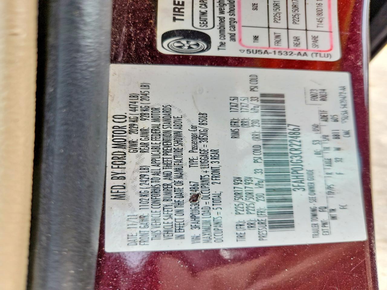 2012 Ford Fusion Sel Burgundy vin: 3FAHP0JG3CR224867