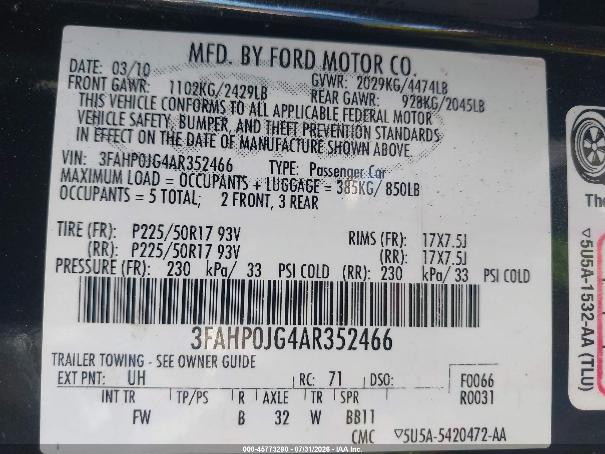 2010 Ford Fusion Sel Black vin: 3FAHP0JG4AR352466