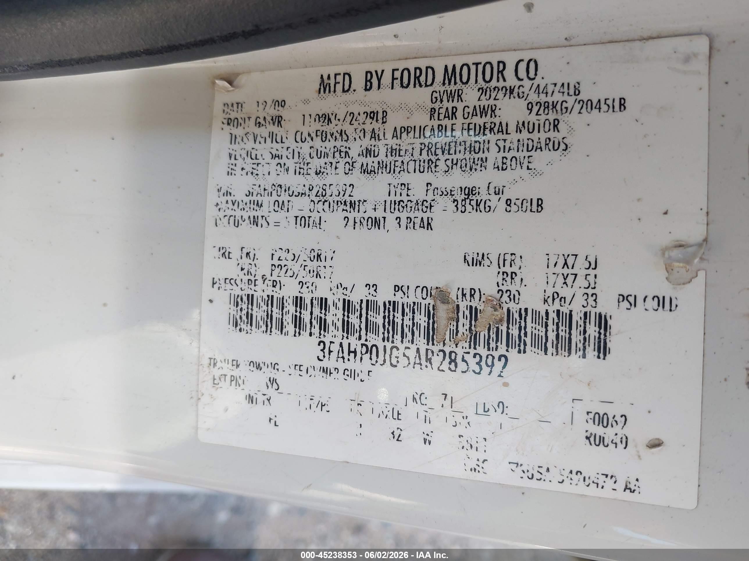 2010 Ford Fusion Sel White vin: 3FAHP0JG5AR285392