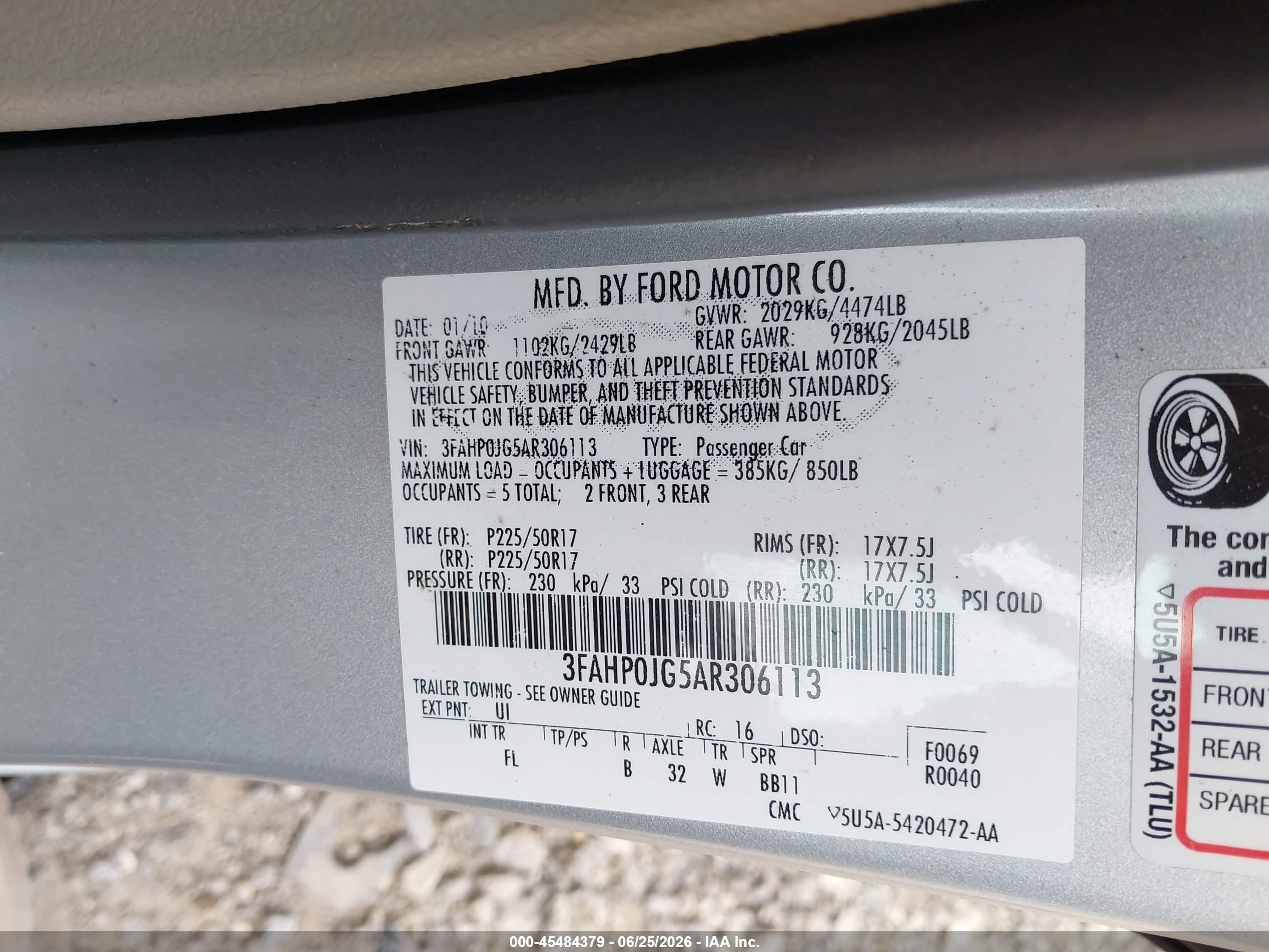 2010 Ford Fusion Sel Silver vin: 3FAHP0JG5AR306113