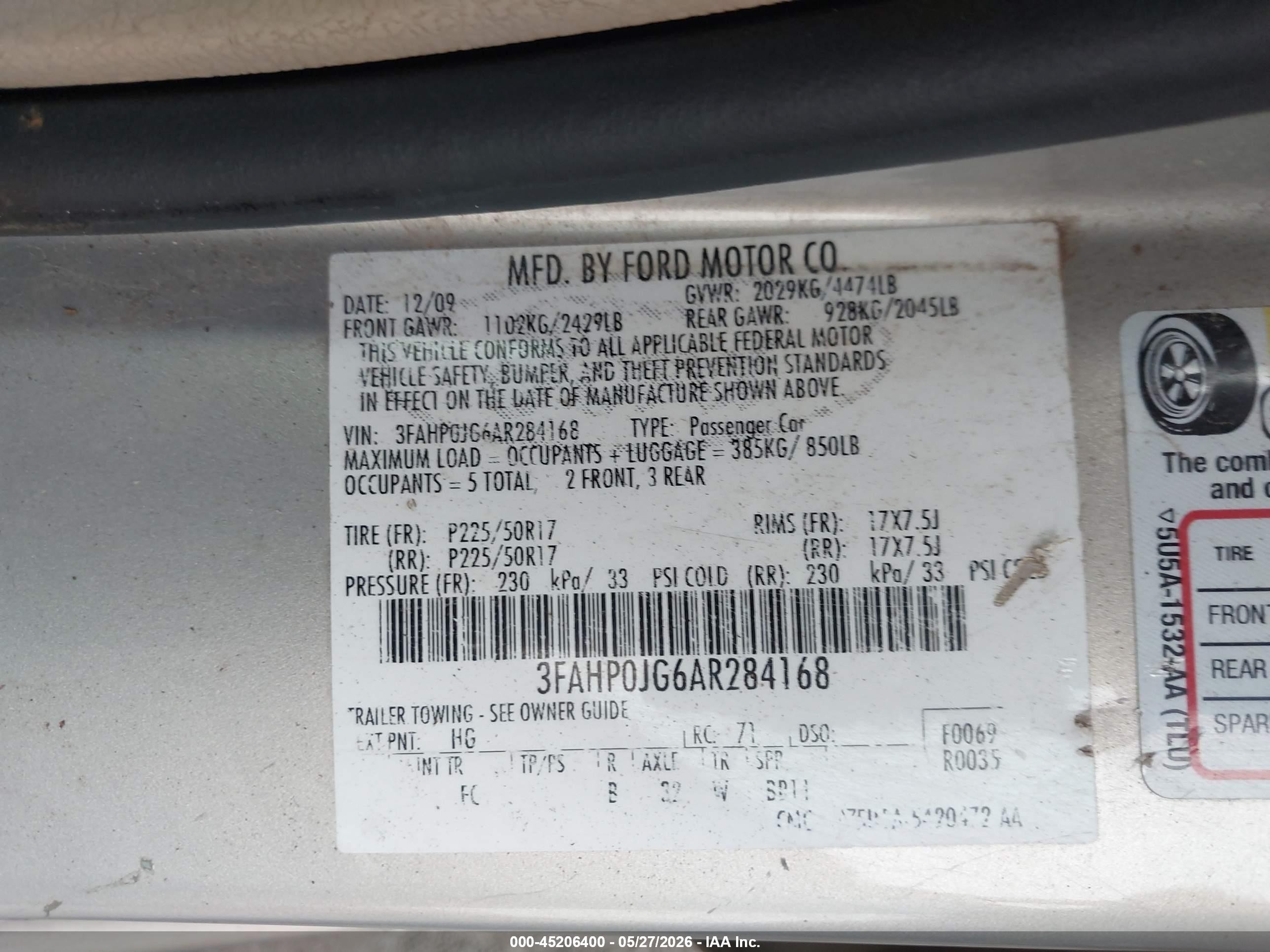 2010 Ford Fusion Sel Gray vin: 3FAHP0JG6AR284168