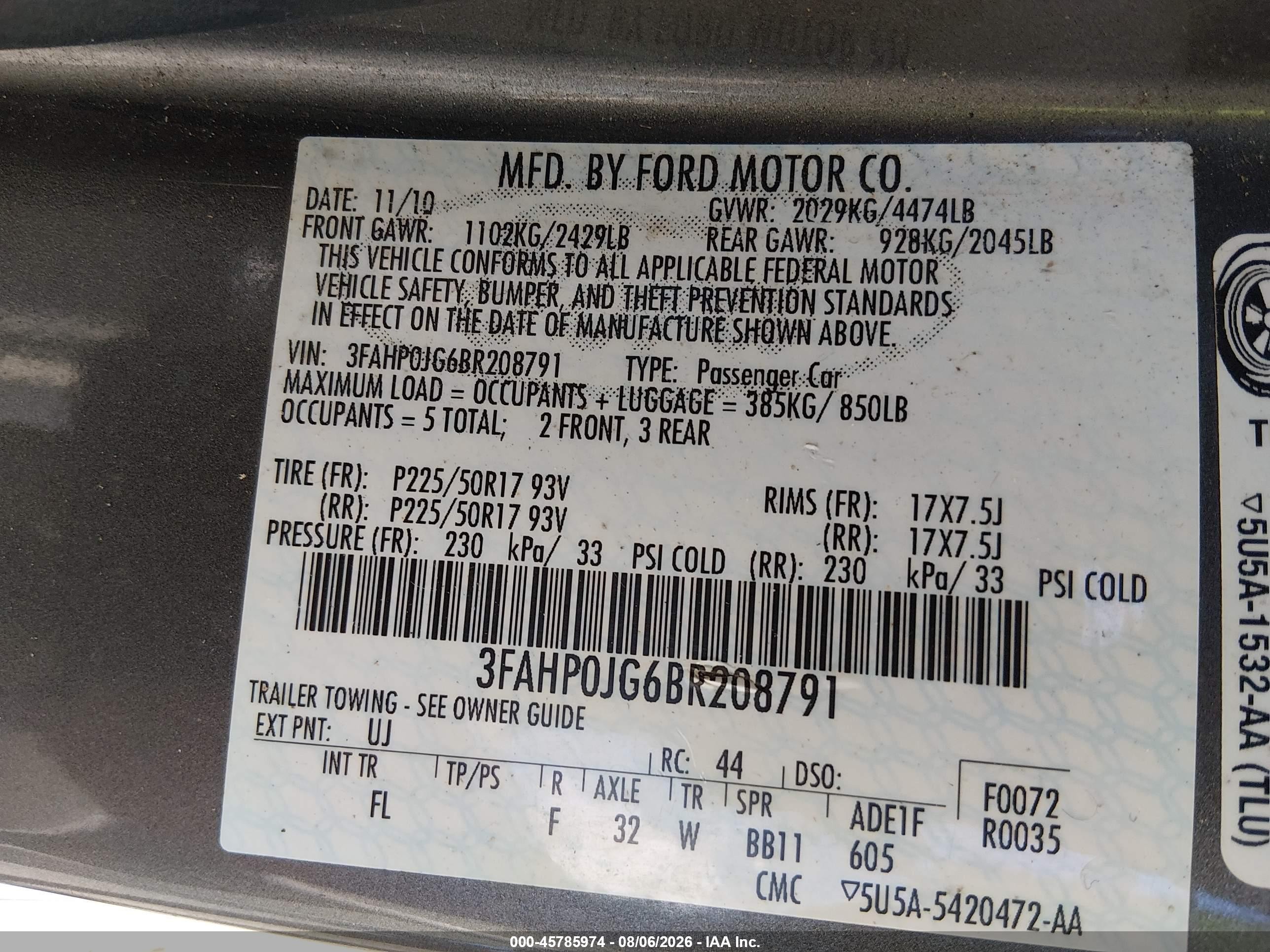 2011 Ford Fusion Sel Серый vin: 3FAHP0JG6BR208791