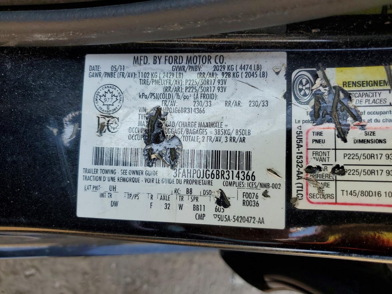 2011 Ford Fusion Sel Black vin: 3FAHP0JG6BR314366