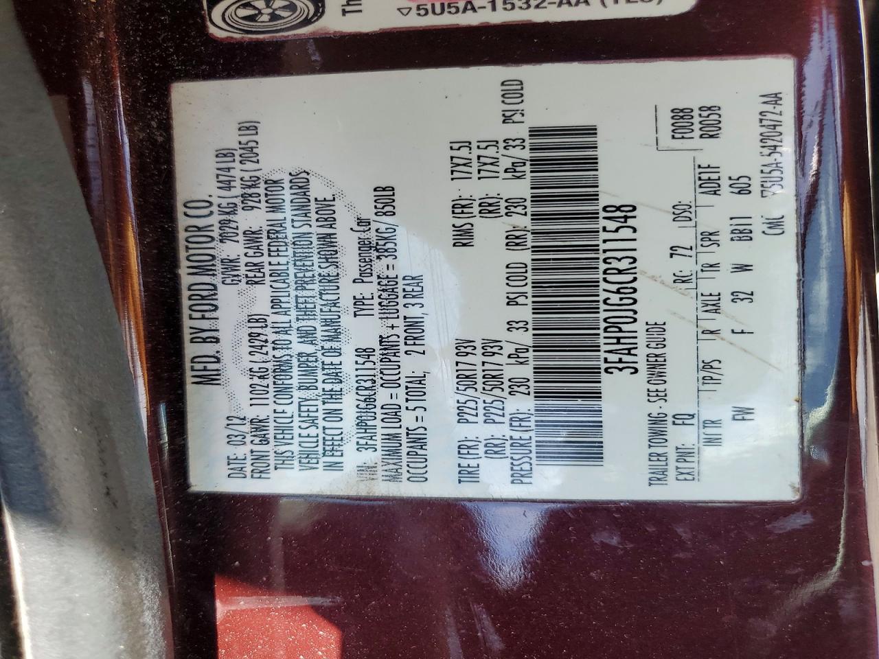 2012 Ford Fusion Sel Burgundy vin: 3FAHP0JG6CR311548