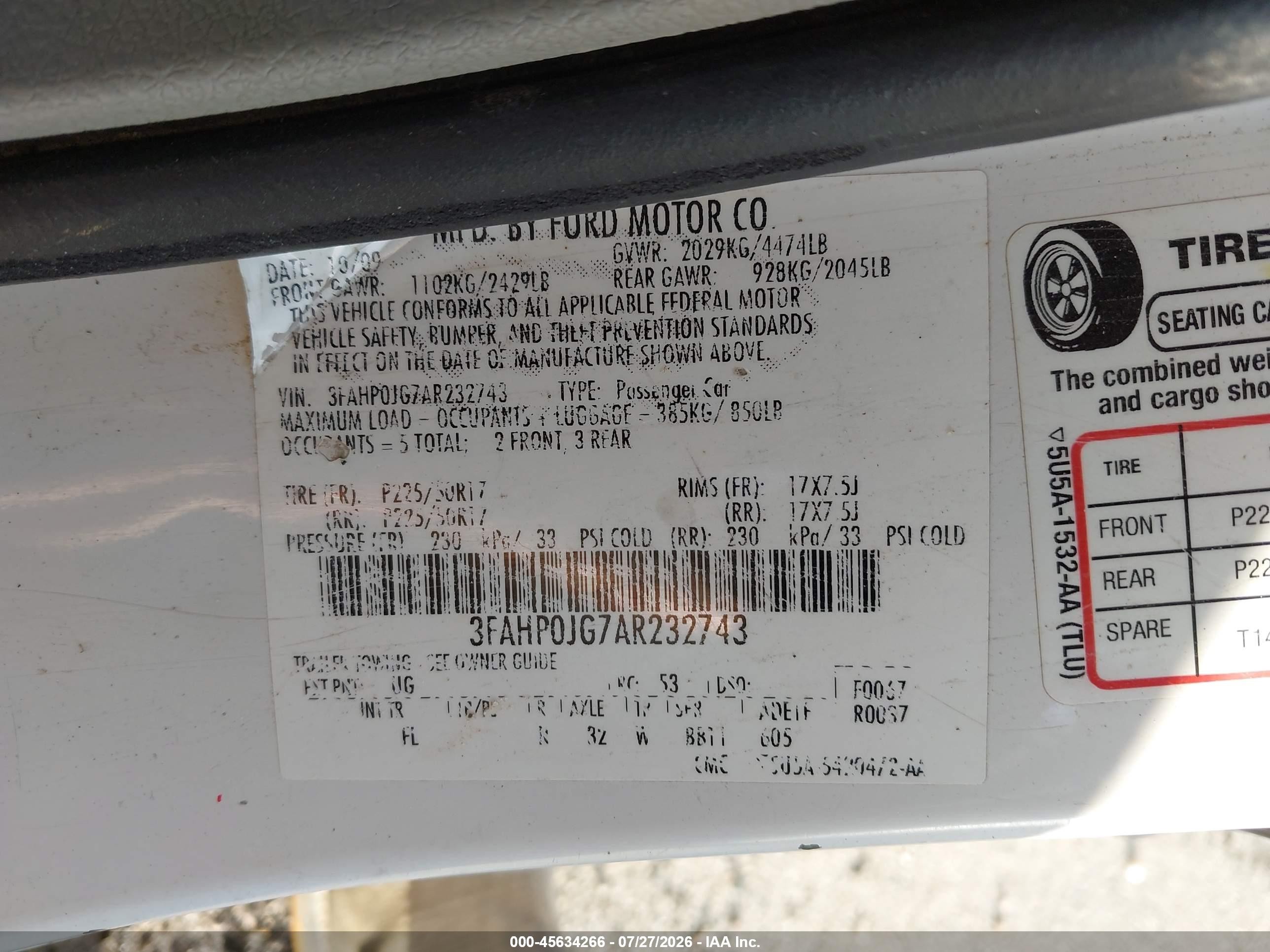 2010 Ford Fusion Sel White vin: 3FAHP0JG7AR232743