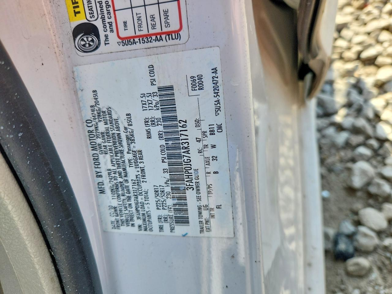 2010 Ford Fusion Sel White vin: 3FAHP0JG7AR317162