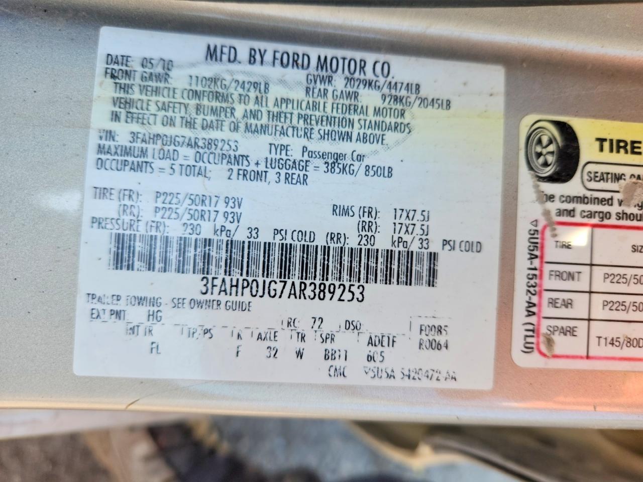 2010 Ford Fusion Sel Tan vin: 3FAHP0JG7AR389253