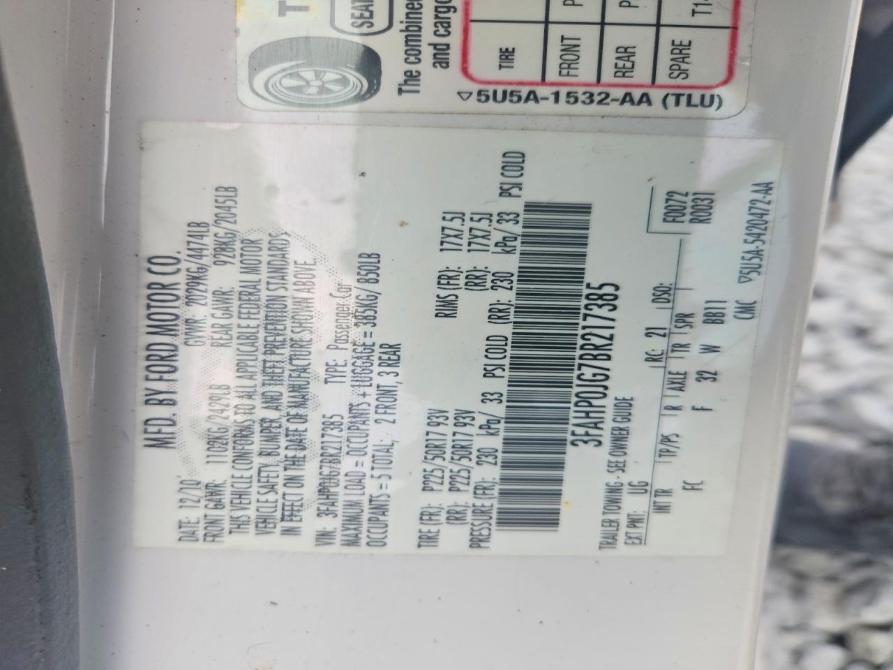 2011 Ford Fusion Sel White vin: 3FAHP0JG7BR217385