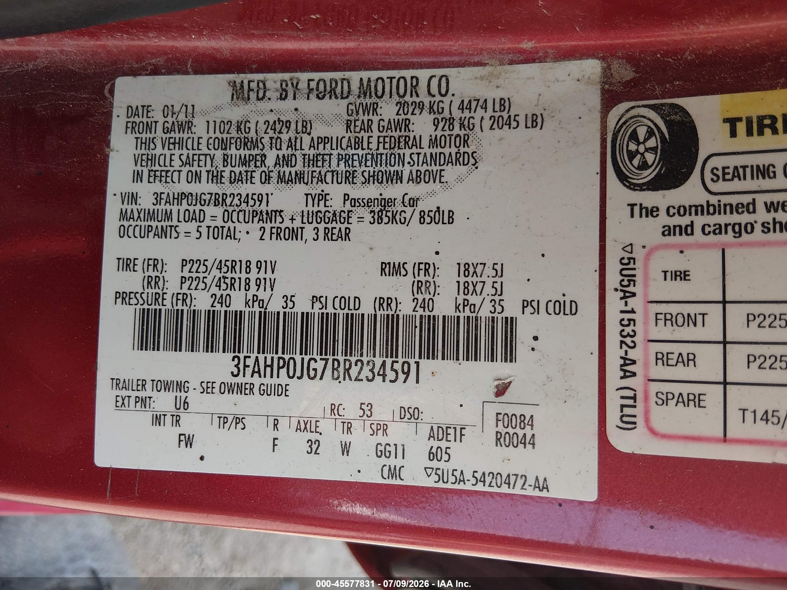 2011 Ford Fusion Sel Red vin: 3FAHP0JG7BR234591