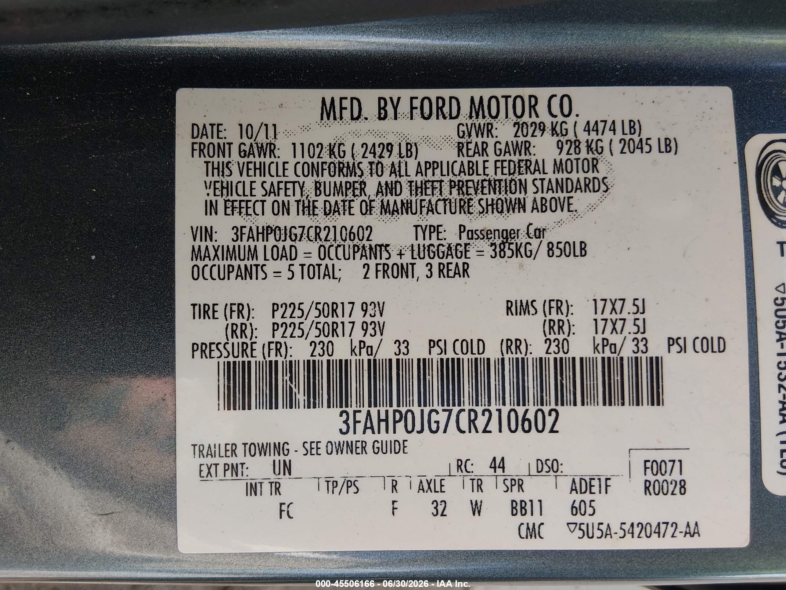 2012 Ford Fusion Sel Light Blue vin: 3FAHP0JG7CR210602
