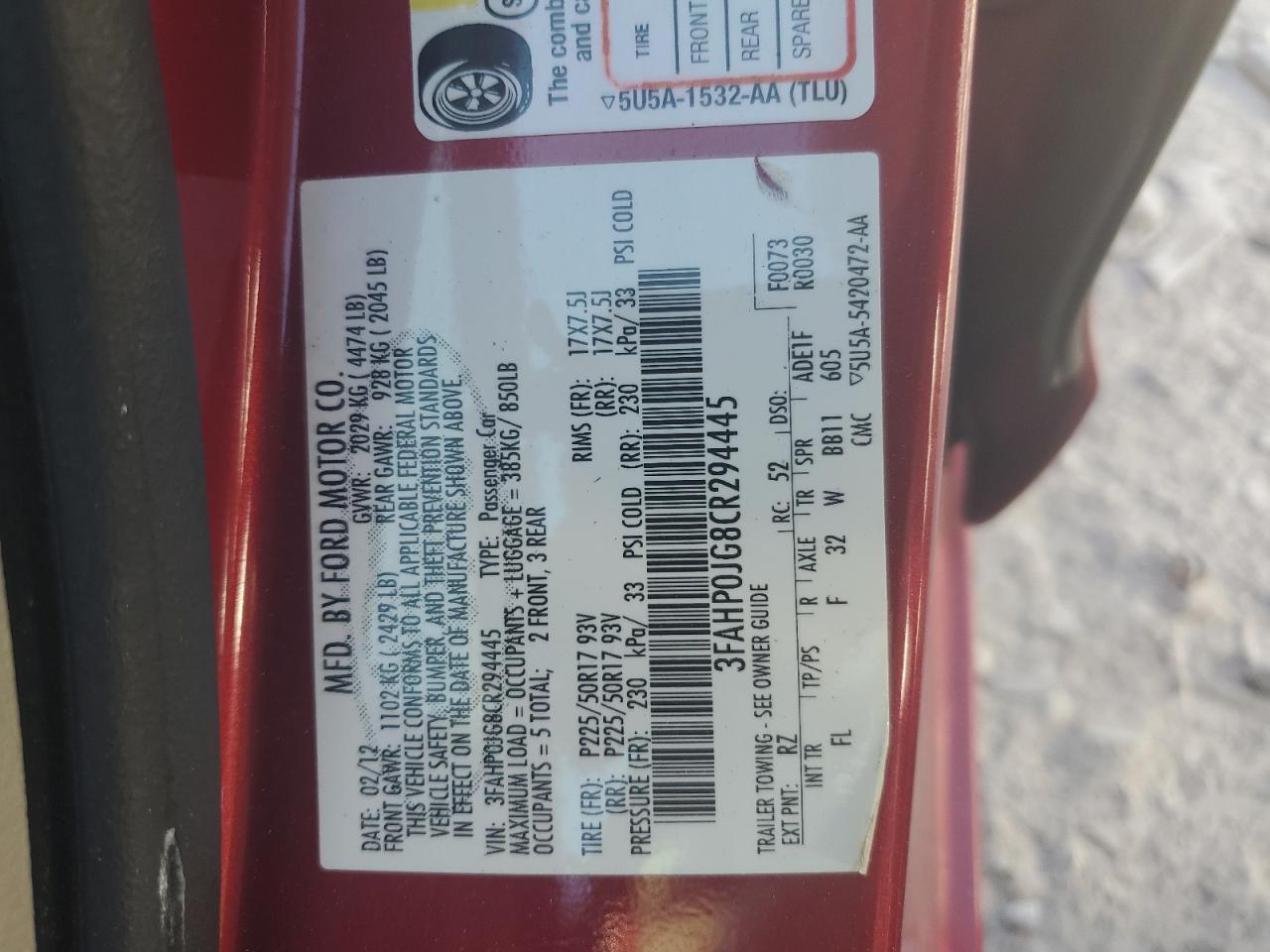 2012 Ford Fusion Sel Red vin: 3FAHP0JG8CR294445