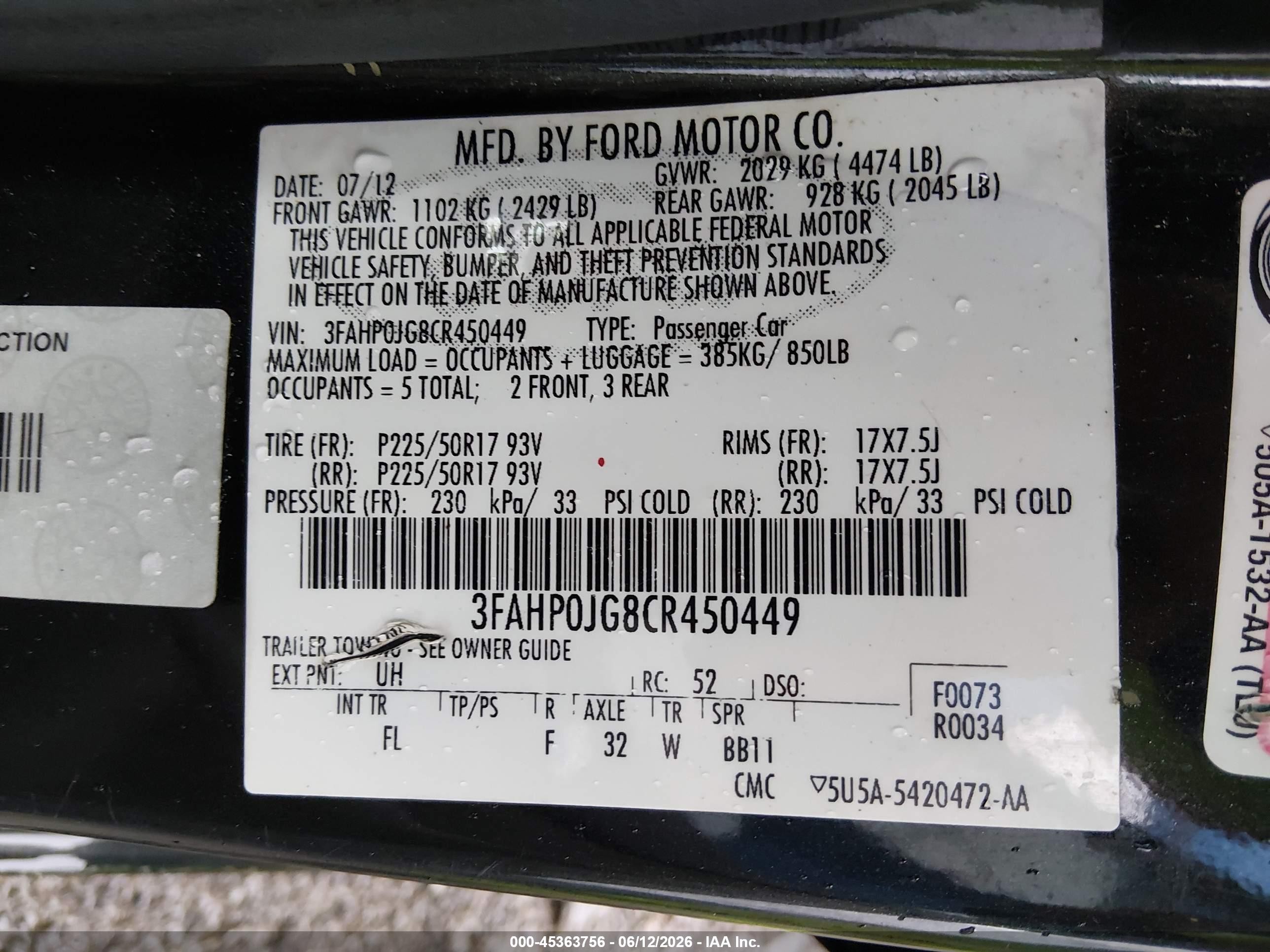 2012 Ford Fusion Sel Black vin: 3FAHP0JG8CR450449