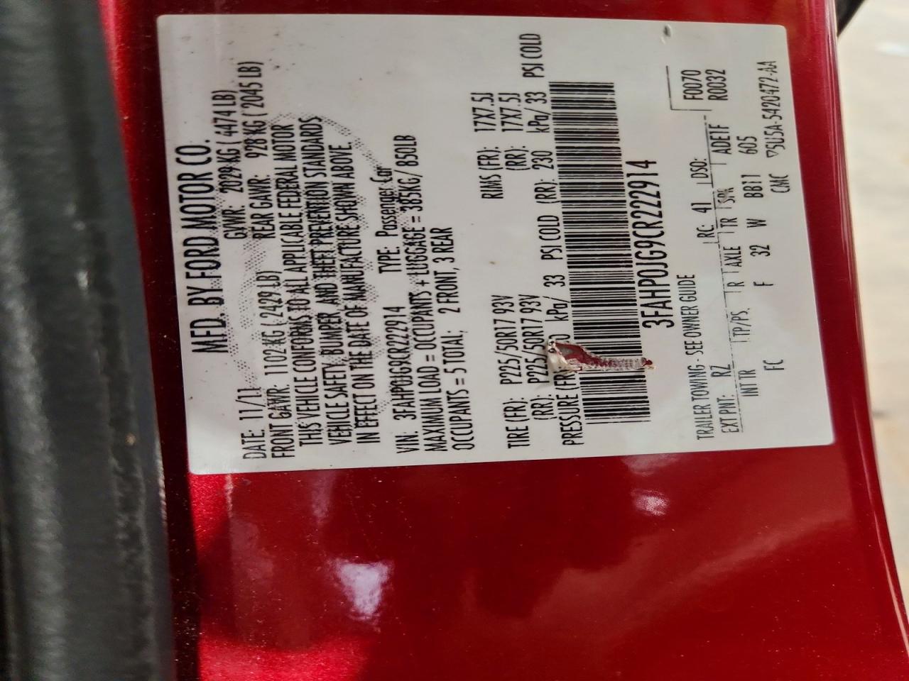 2012 Ford Fusion Sel Red vin: 3FAHP0JG9CR222914