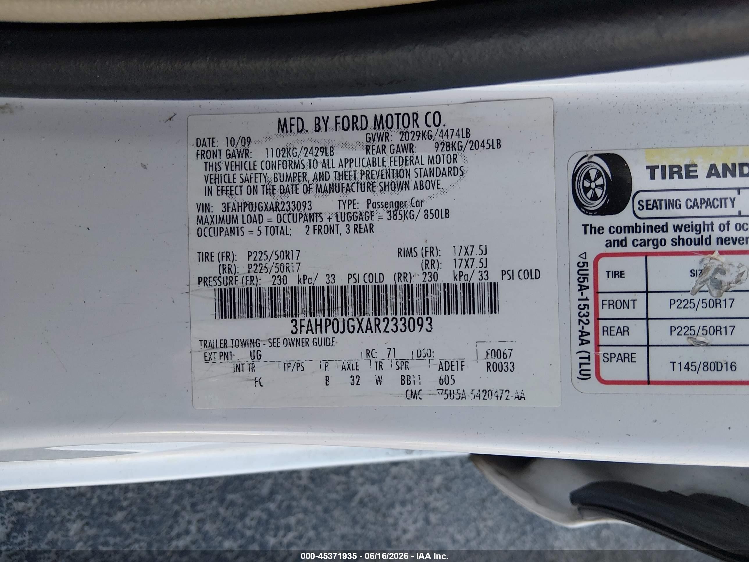 2010 Ford Fusion Sel Белый vin: 3FAHP0JGXAR233093