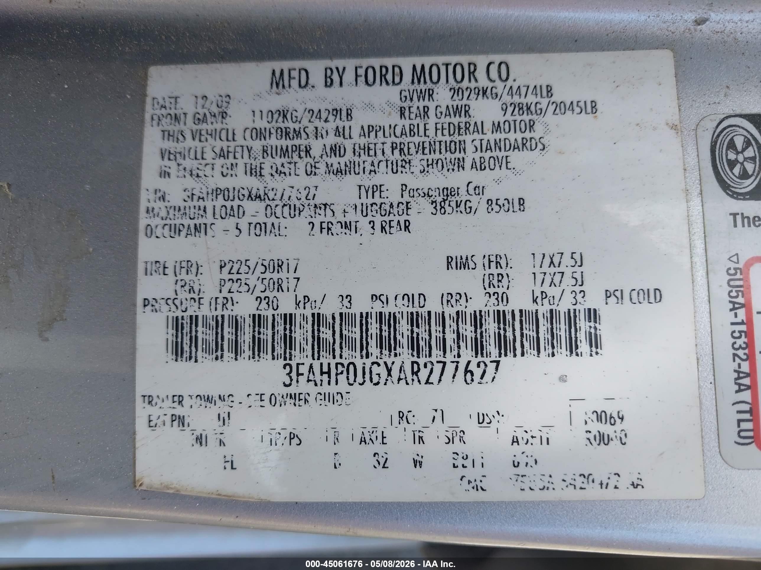 2010 Ford Fusion Sel Silver vin: 3FAHP0JGXAR277627