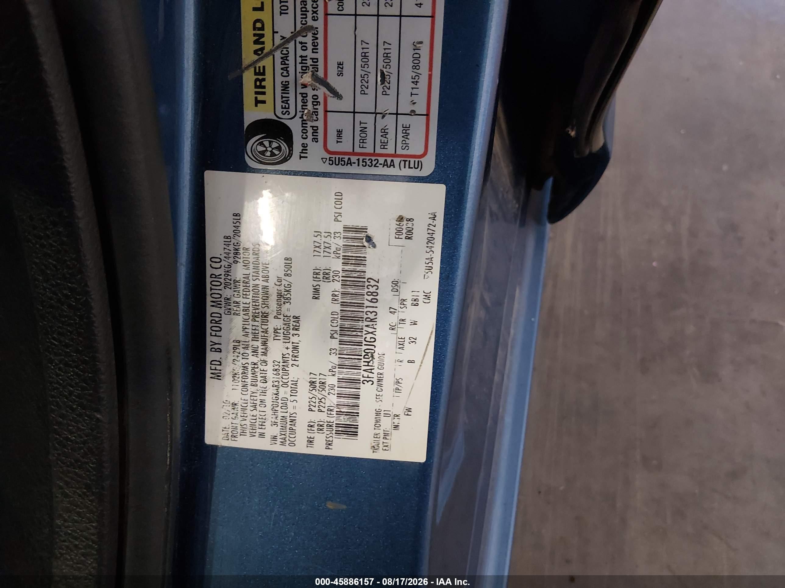 2010 Ford Fusion Sel Blue vin: 3FAHP0JGXAR316832