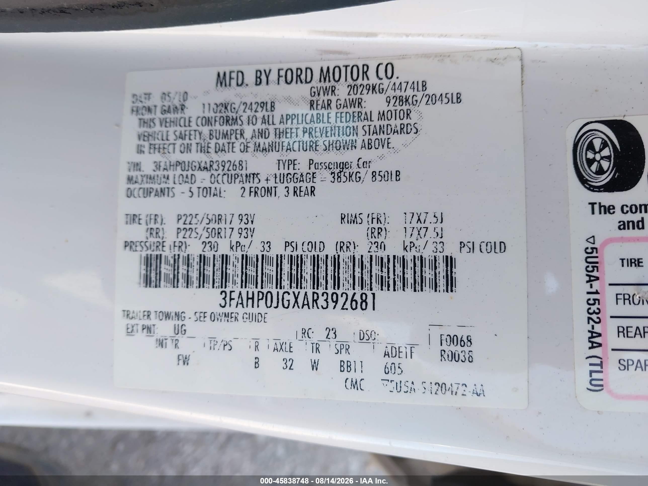 2010 Ford Fusion Sel White vin: 3FAHP0JGXAR392681