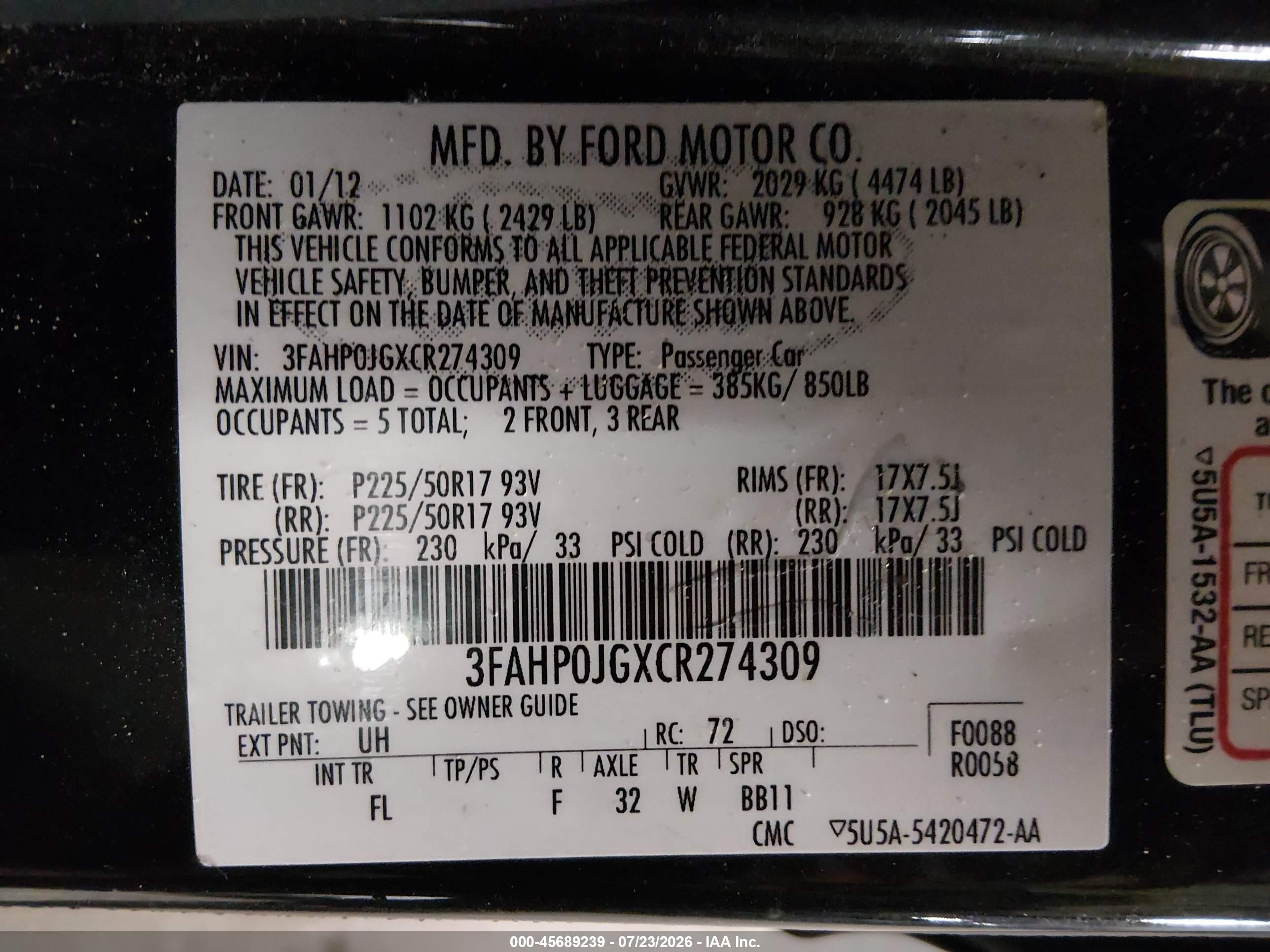 2012 Ford Fusion Sel Black vin: 3FAHP0JGXCR274309