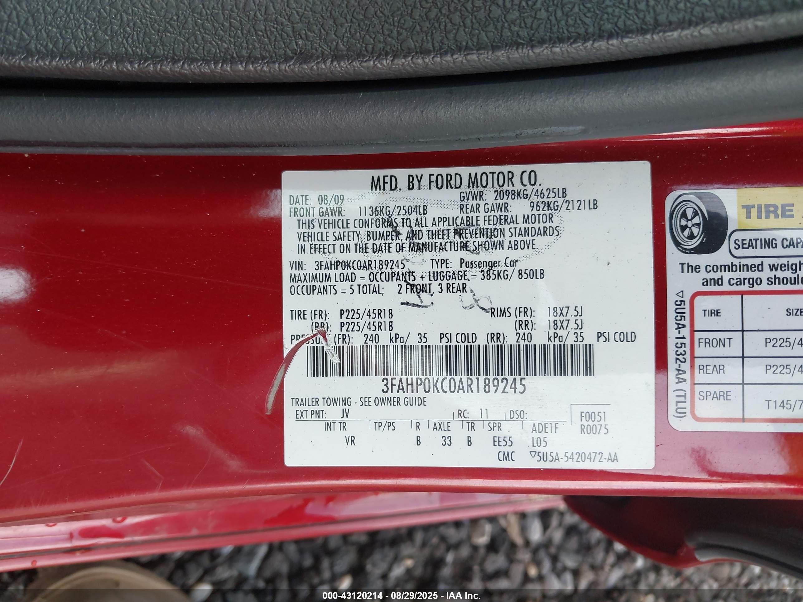 2010 Ford Fusion Sport Красный vin: 3FAHP0KC0AR189245