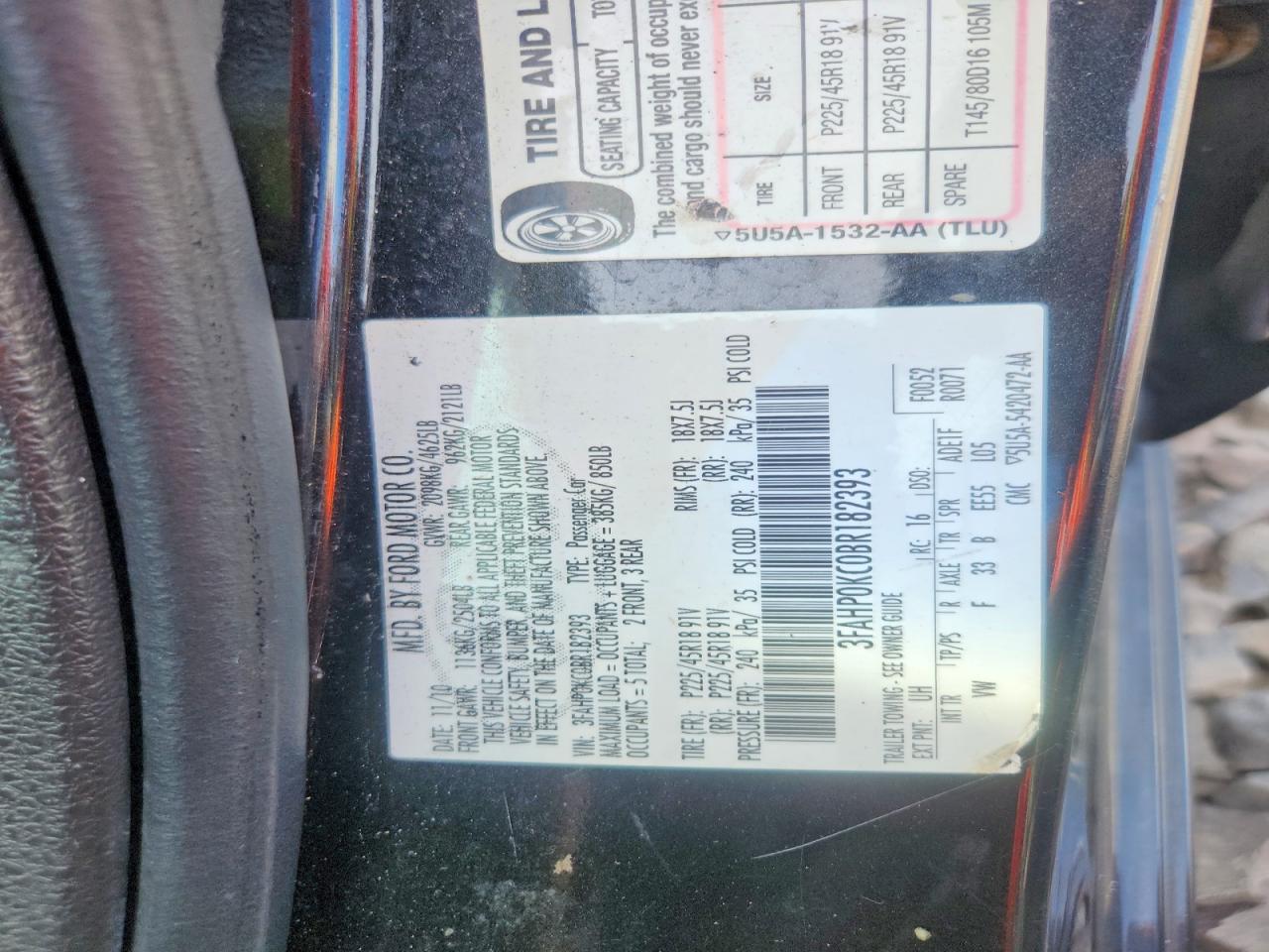 2011 Ford Fusion Sport Black vin: 3FAHP0KC0BR182393