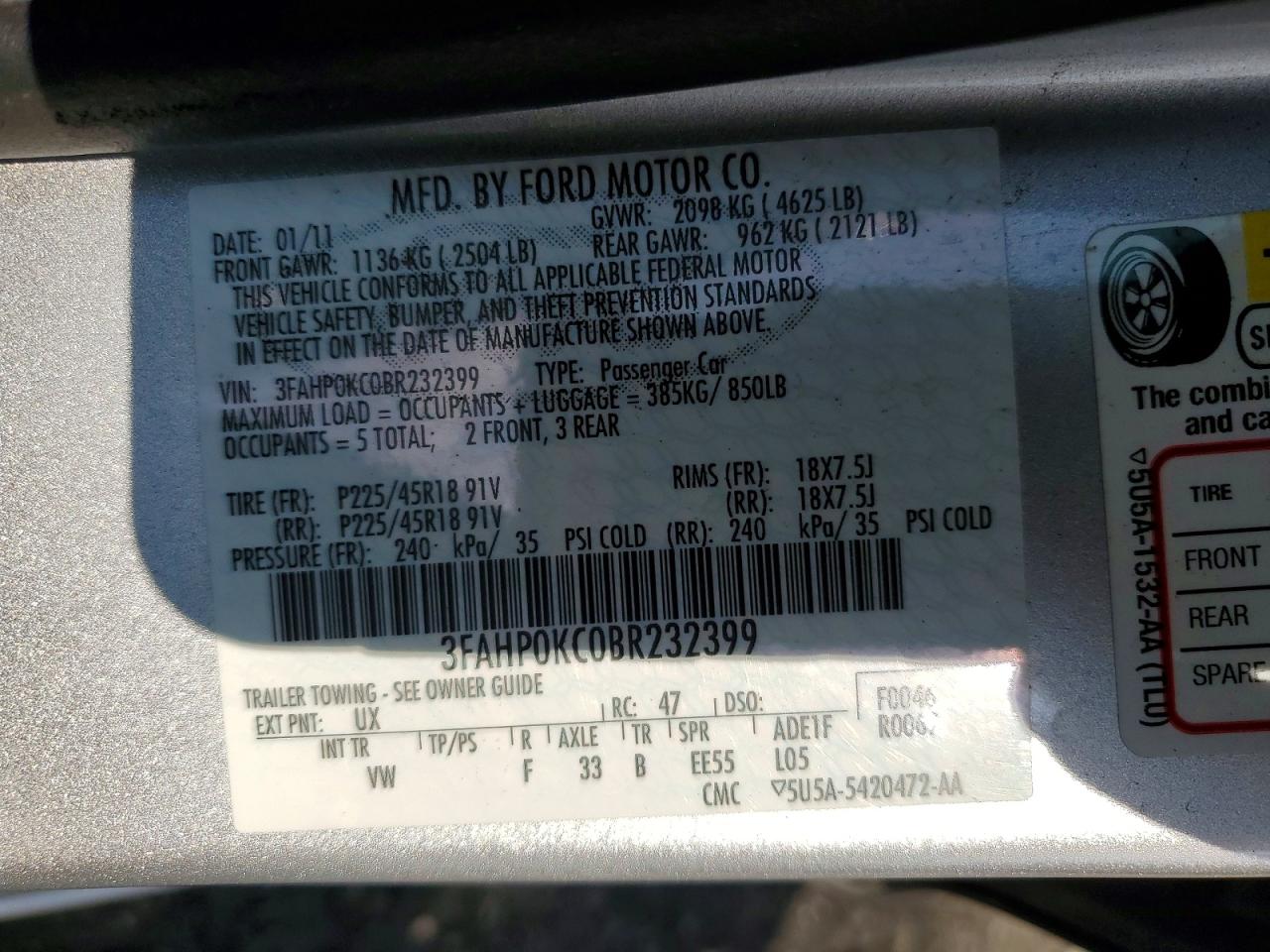2011 Ford Fusion Sport Silver vin: 3FAHP0KC0BR232399