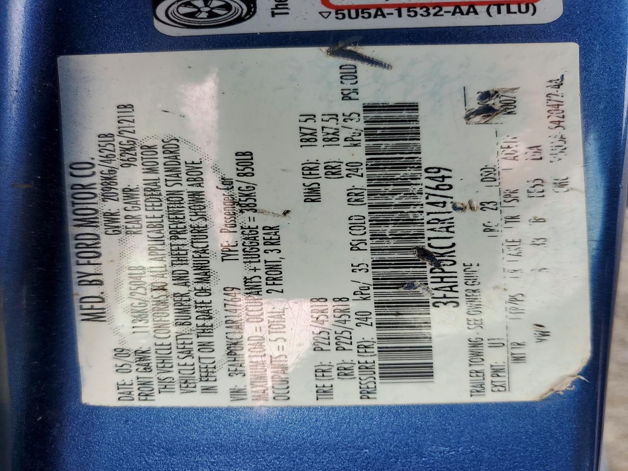 2010 Ford Fusion Sport Blue vin: 3FAHP0KC1AR147649