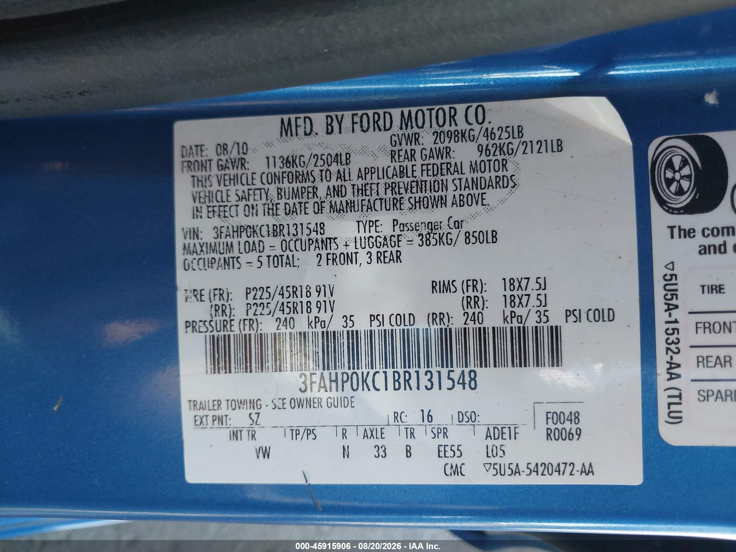 2011 Ford Fusion Sport Синий vin: 3FAHP0KC1BR131548