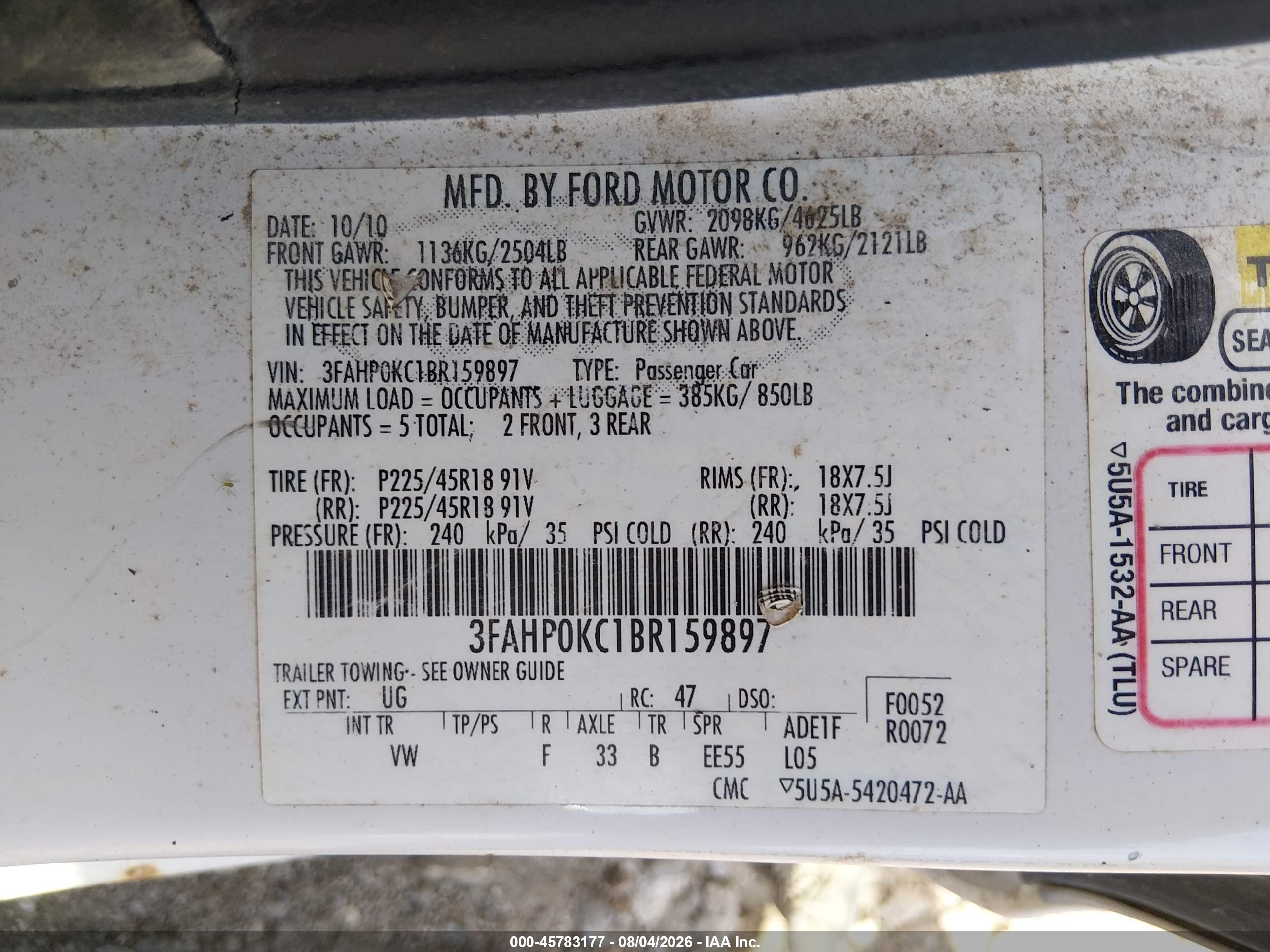 2011 Ford Fusion Sport White vin: 3FAHP0KC1BR159897
