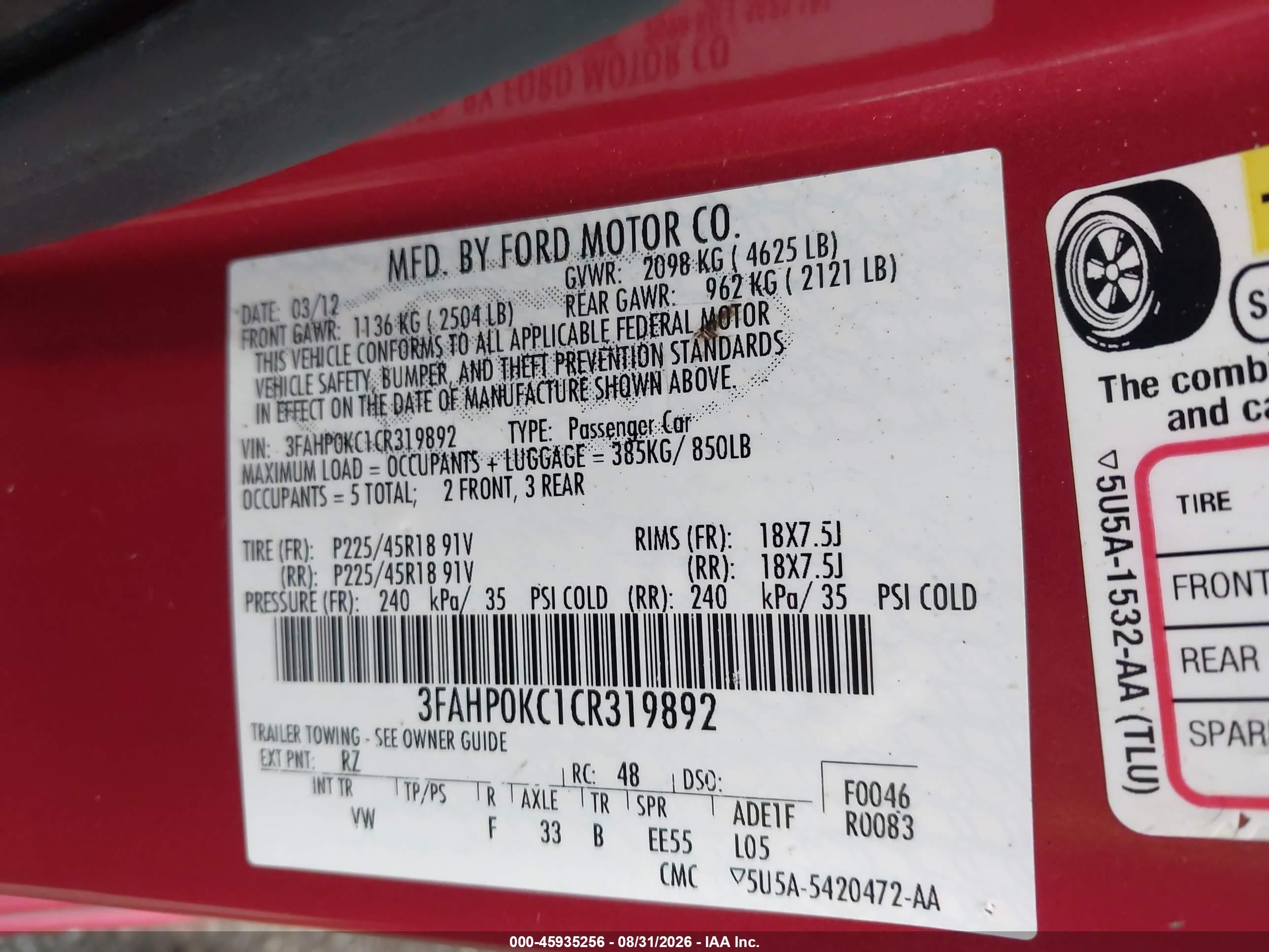2012 Ford Fusion Sport Красный vin: 3FAHP0KC1CR319892